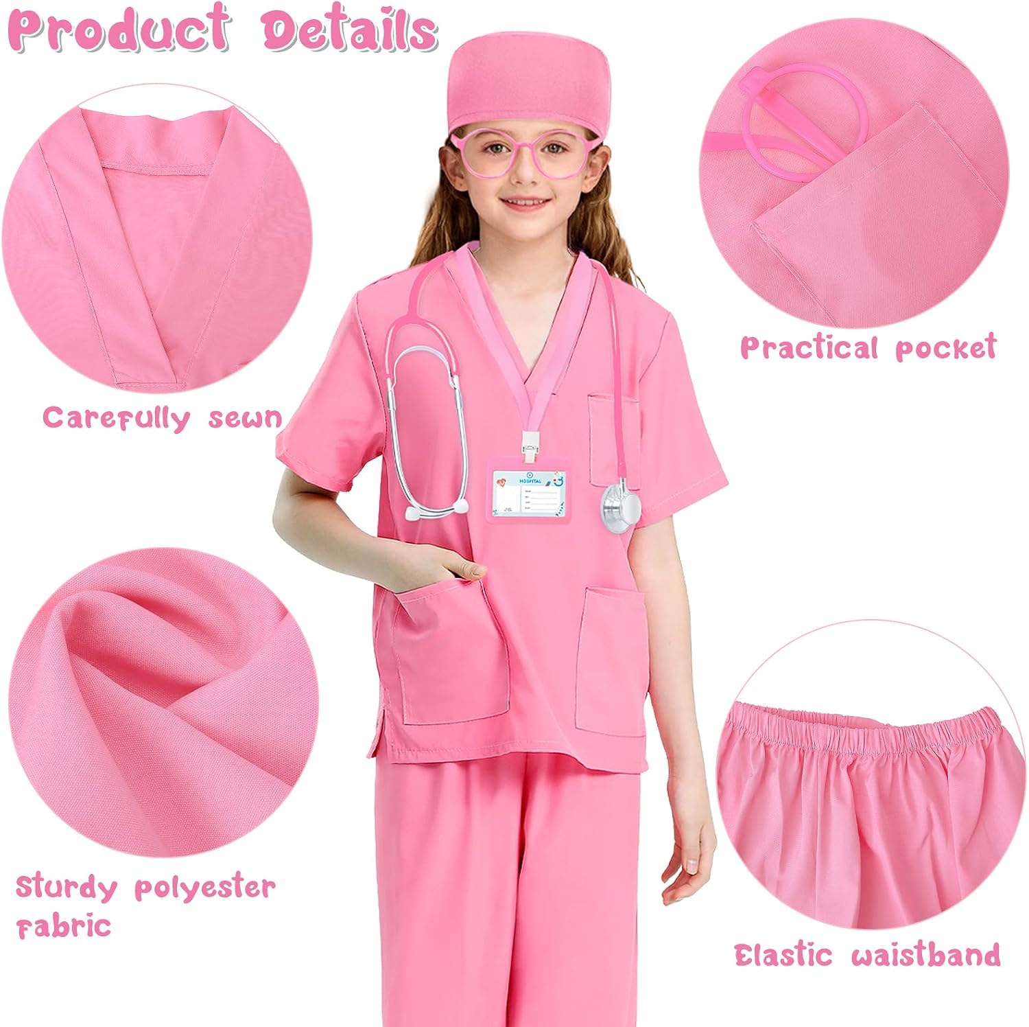 Detalle de Wuclad 7-Piece Kids' Doctor Costume Scrubs with Working Stethoscope
