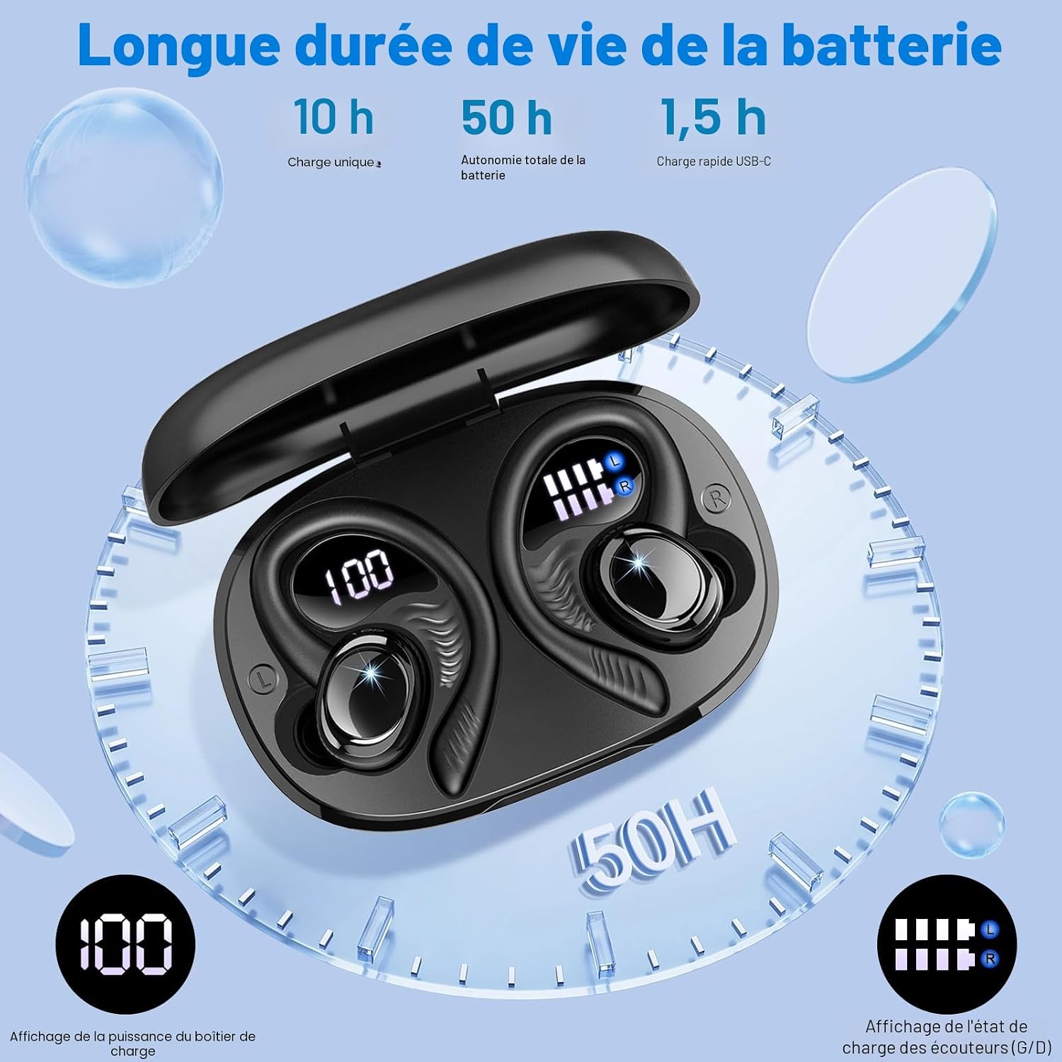 Detalle 2 de Ecouteurs Bluetooth sans Fil Sport 2026 – HiFi, IP7, 60H d’autonomie, 4 ENC mics