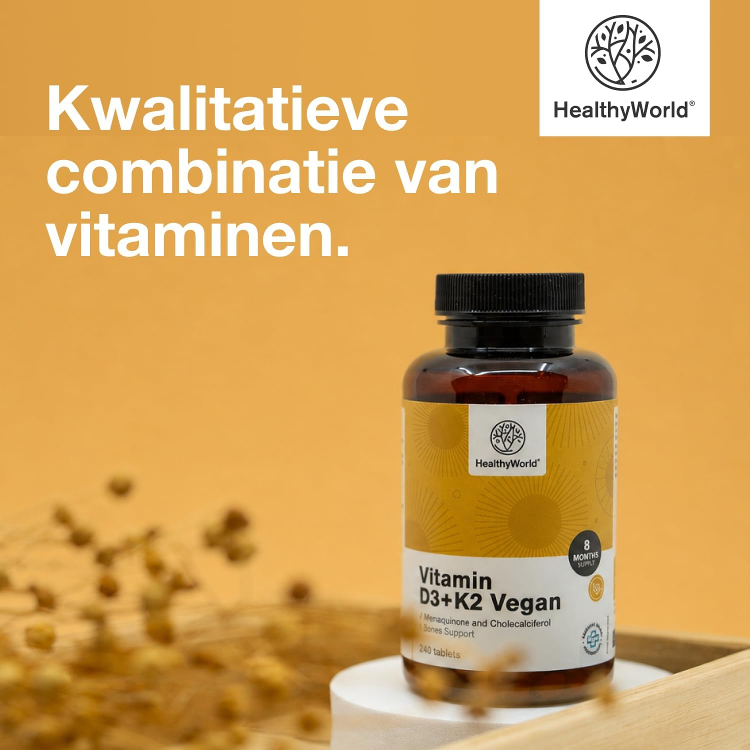 Detalle 2 de HealthyWorld Vitamine D3+K2, 240 vegan tabletten met D3 en K2