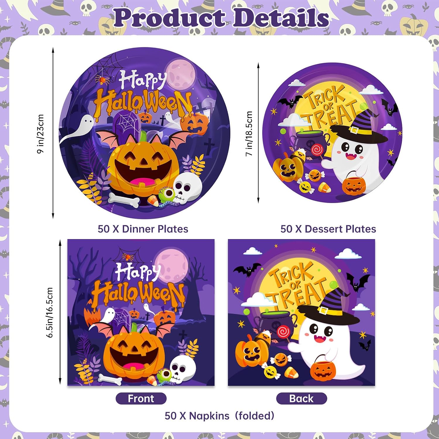 Detalle de PERFQU Halloween Paper Plates and Napkins Set, 150 Pieces, 9- and 7-Inch Plates