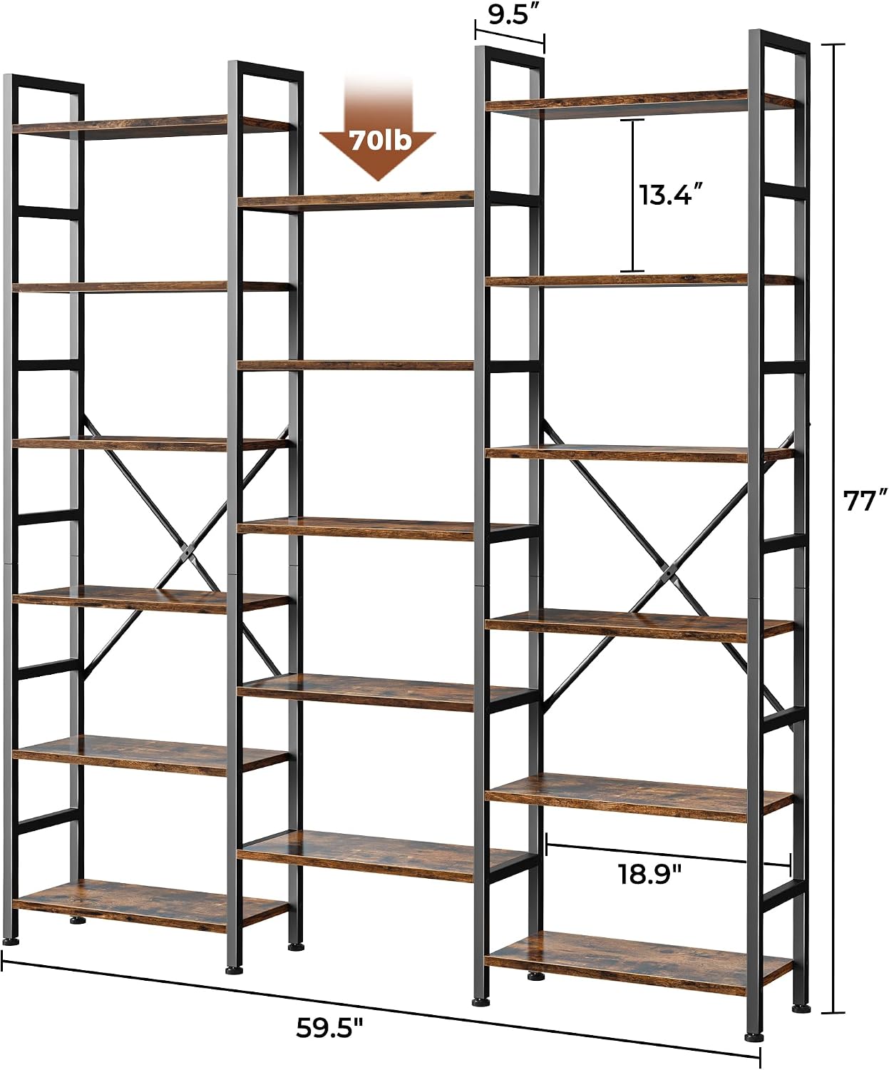 Detalle de SUPERJARE ABC003Z Triple Bookshelf, 17 Adjustable Shelves, 6-Tier Brown