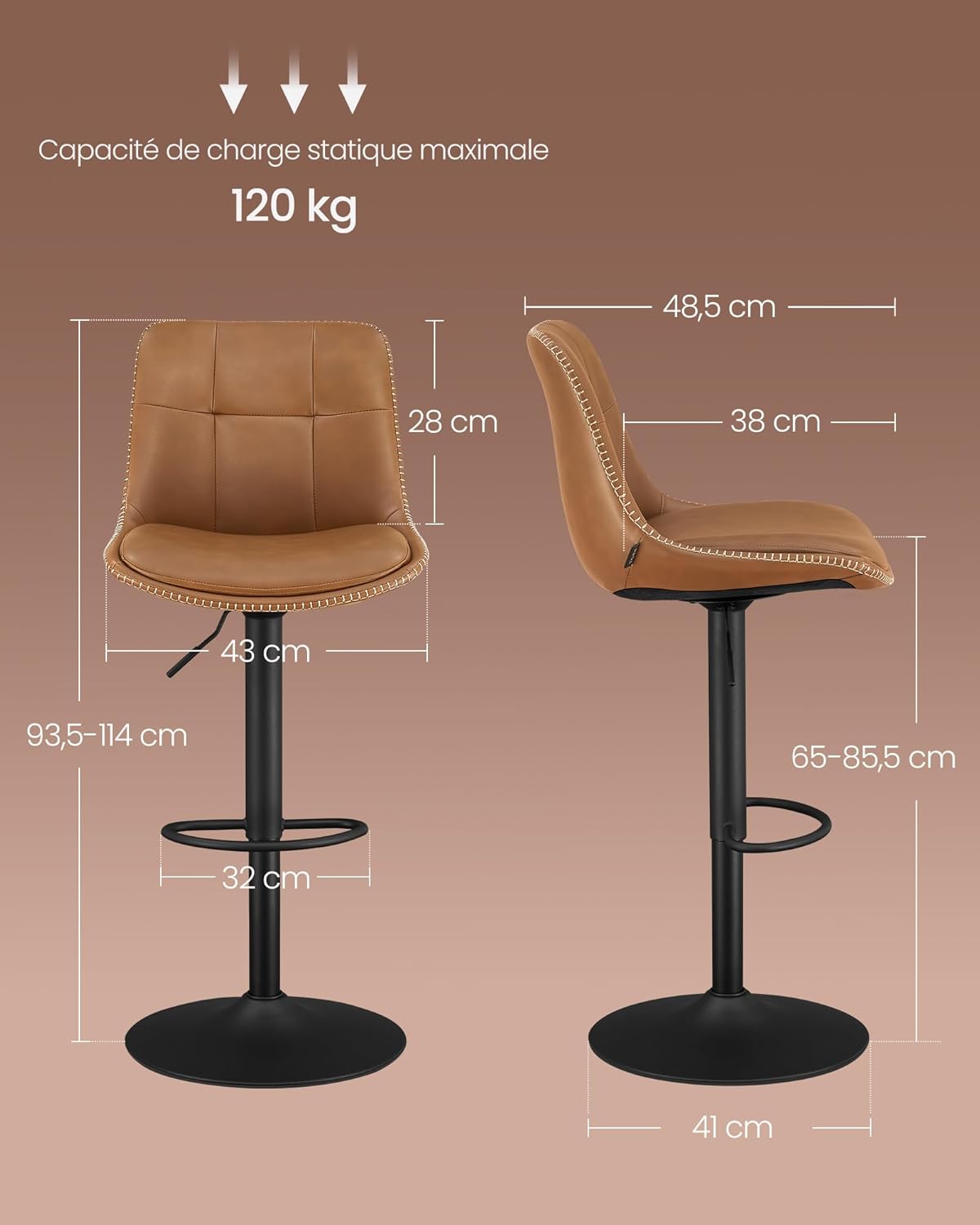 Detalle de Lot de 2 tabourets de bar VASAGLE LJB095K01, assise pivotante réglable avec dossier