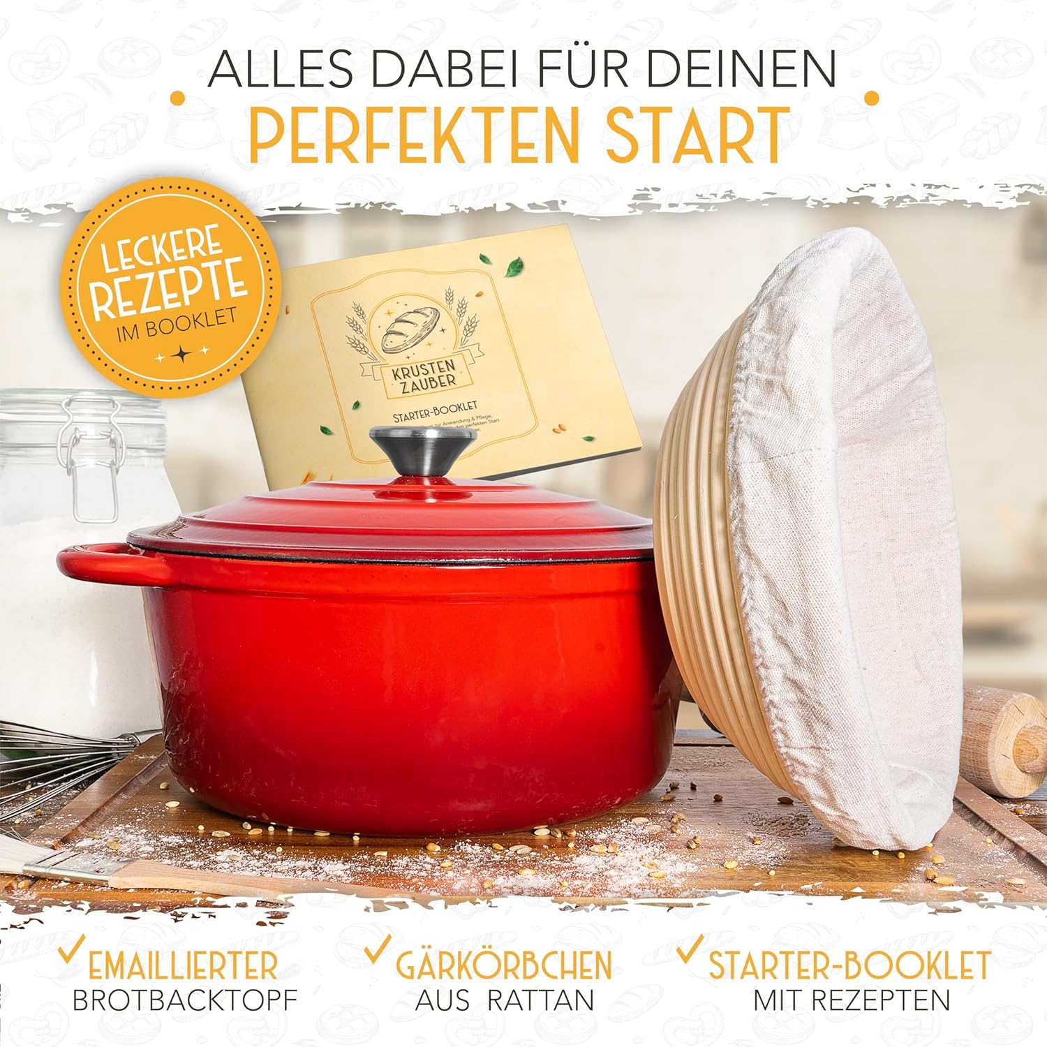 Detalle de KRUSTENZAUBER Gusseisen Topf 26 cm inkl. Gärkorb – Emaille Brotbacktopf zum Brotbacken