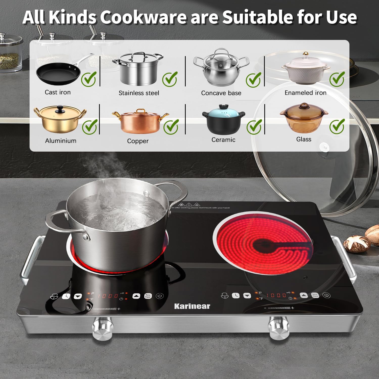 Thumbnail 6 de Karineer 2 Burner Electric Cooktop 110V — Portable 24-Inch Ceramic Countertop Stove