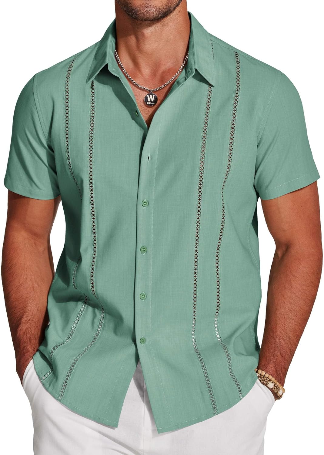 Thumbnail 5 de COOFANDY Men’s Cuban Guayabera Short-Sleeve Button-Down Shirt (Summer Linen-Style)