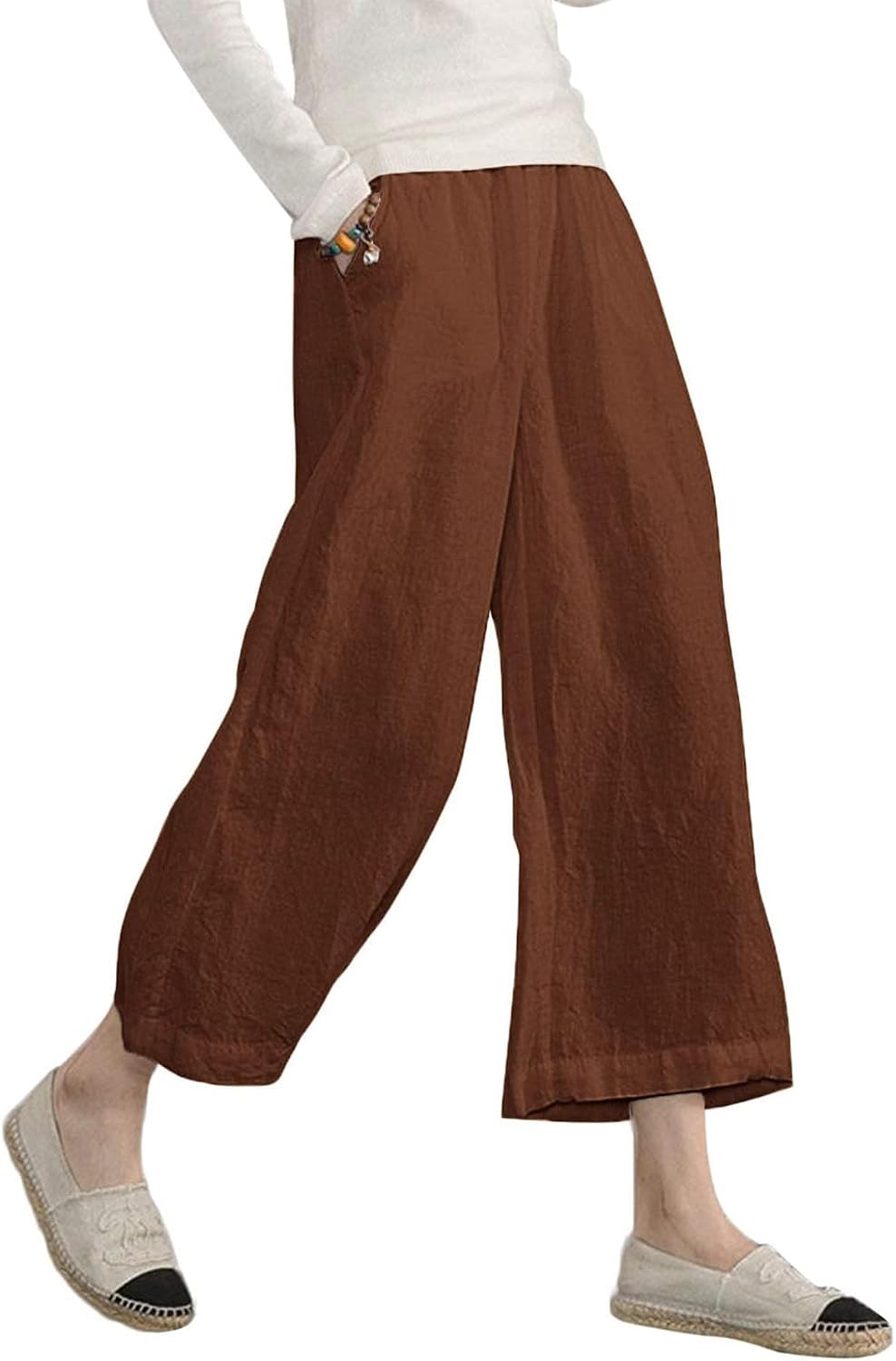 Thumbnail 6 de Womens Cotton Cropped Pants: Loose Fit, Wide Leg Capri with Elastic Waist (Plus Size)
