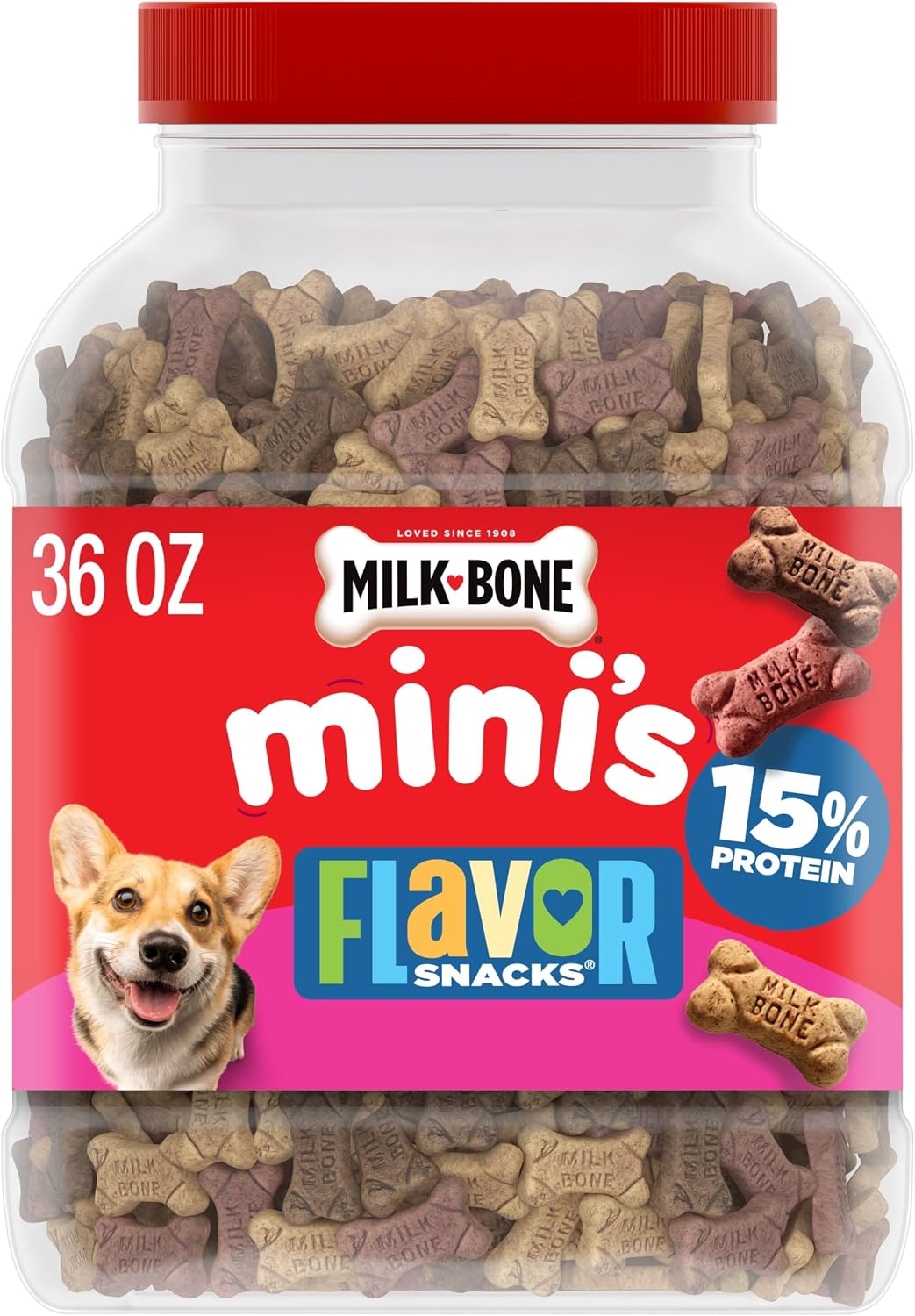 Milk-Bone Flavor Snacks Mini’s Dog Biscuits — Flavored Crunchy Treats, 36 oz Canister
