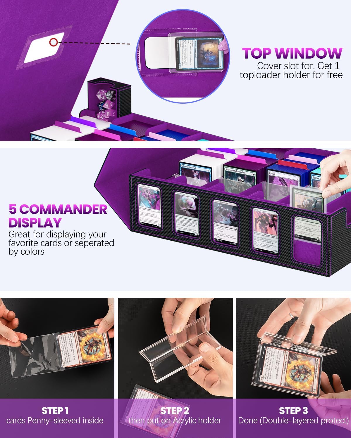 Thumbnail 2 de Trading Card Storage Box: 5-Row Deck Case with Commander Display, Handle, and 4200+ Card Capacity