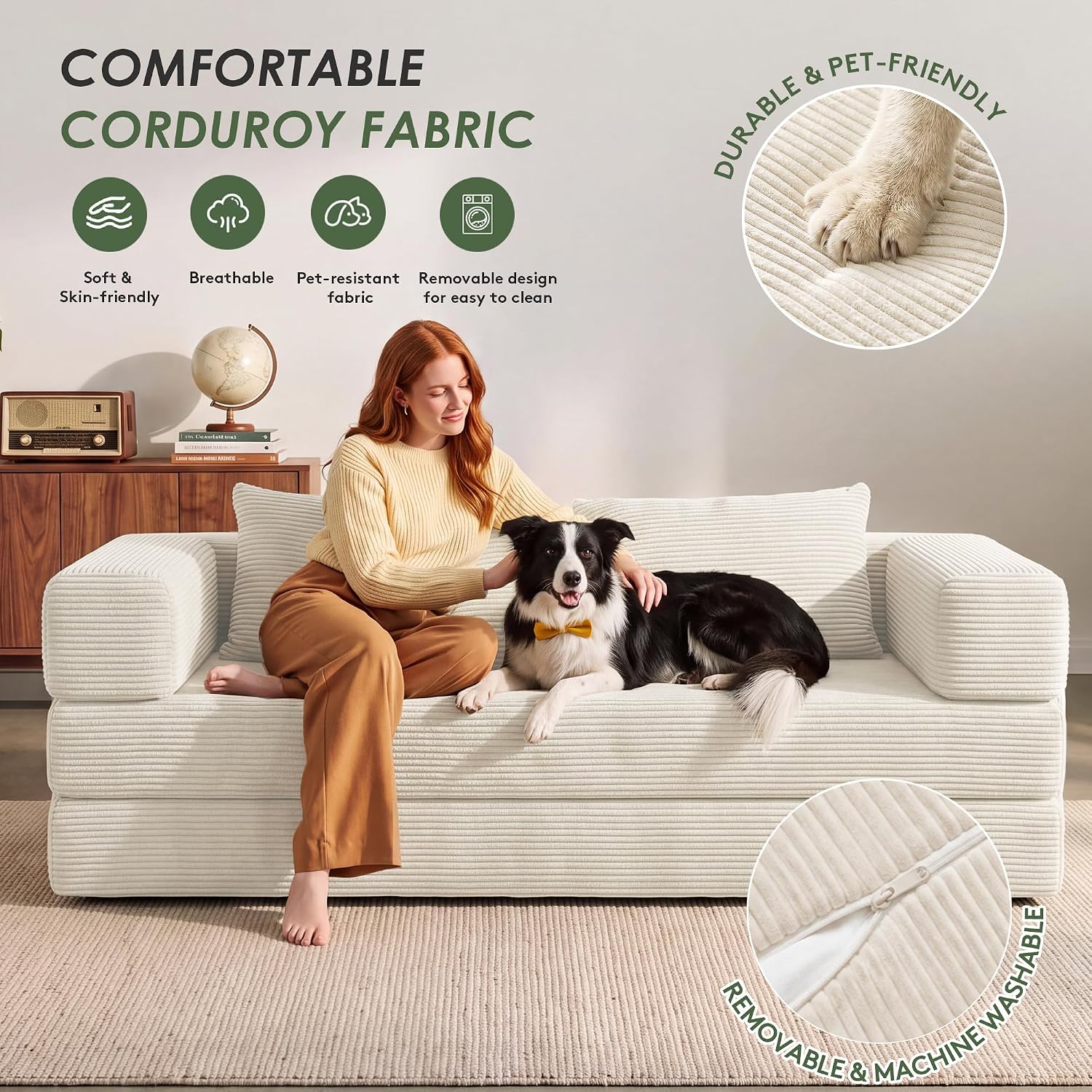 Thumbnail 6 de GRUSIGN SF-CYL 78-Inch Convertible Futon Sofa Bed, Beige Corduroy