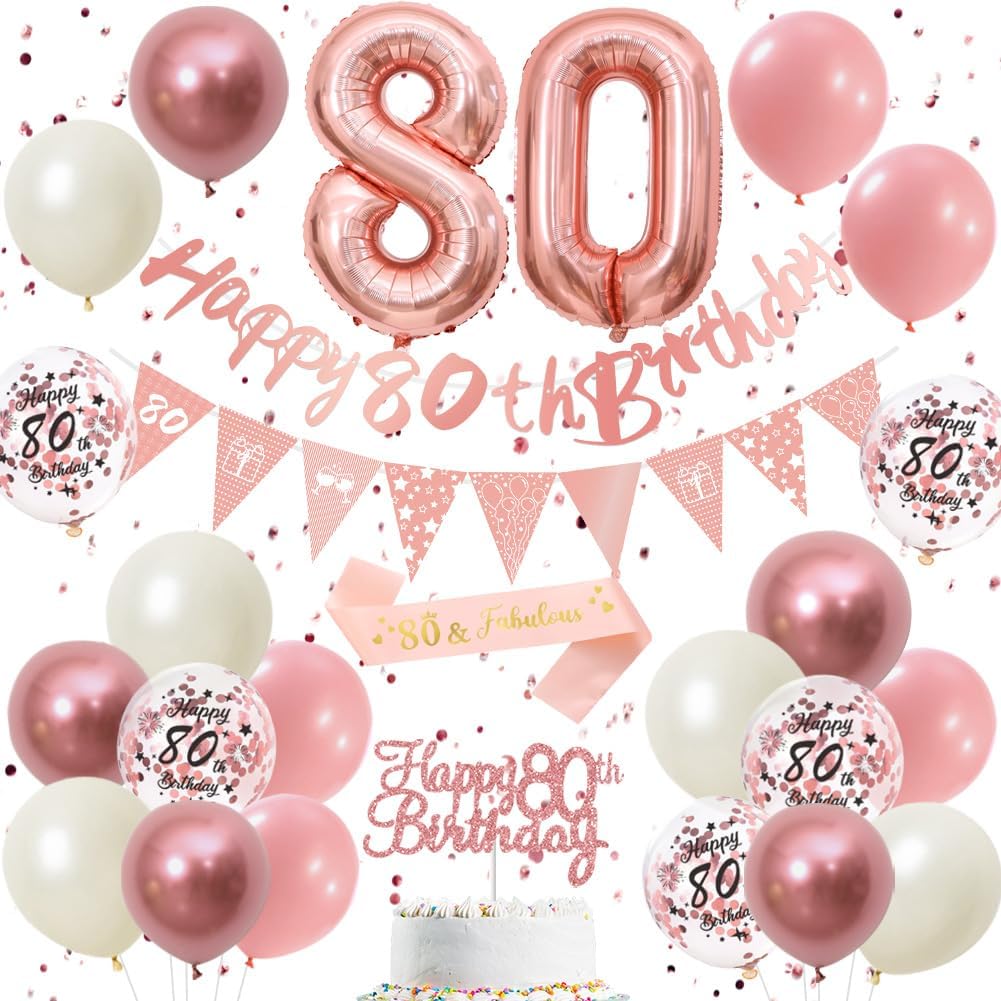Detalle de 80th Birthday Decorations Pink Rose Gold Set