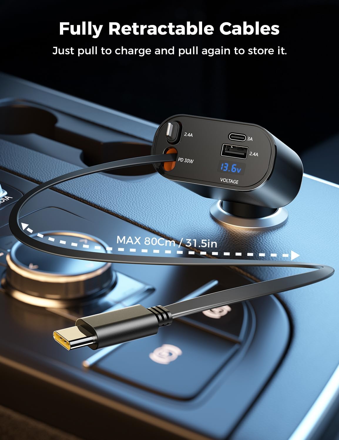 Detalle de SUPERONE PT-16 Retractable Car Charger, 4-in-1, 60W, Dual Cords