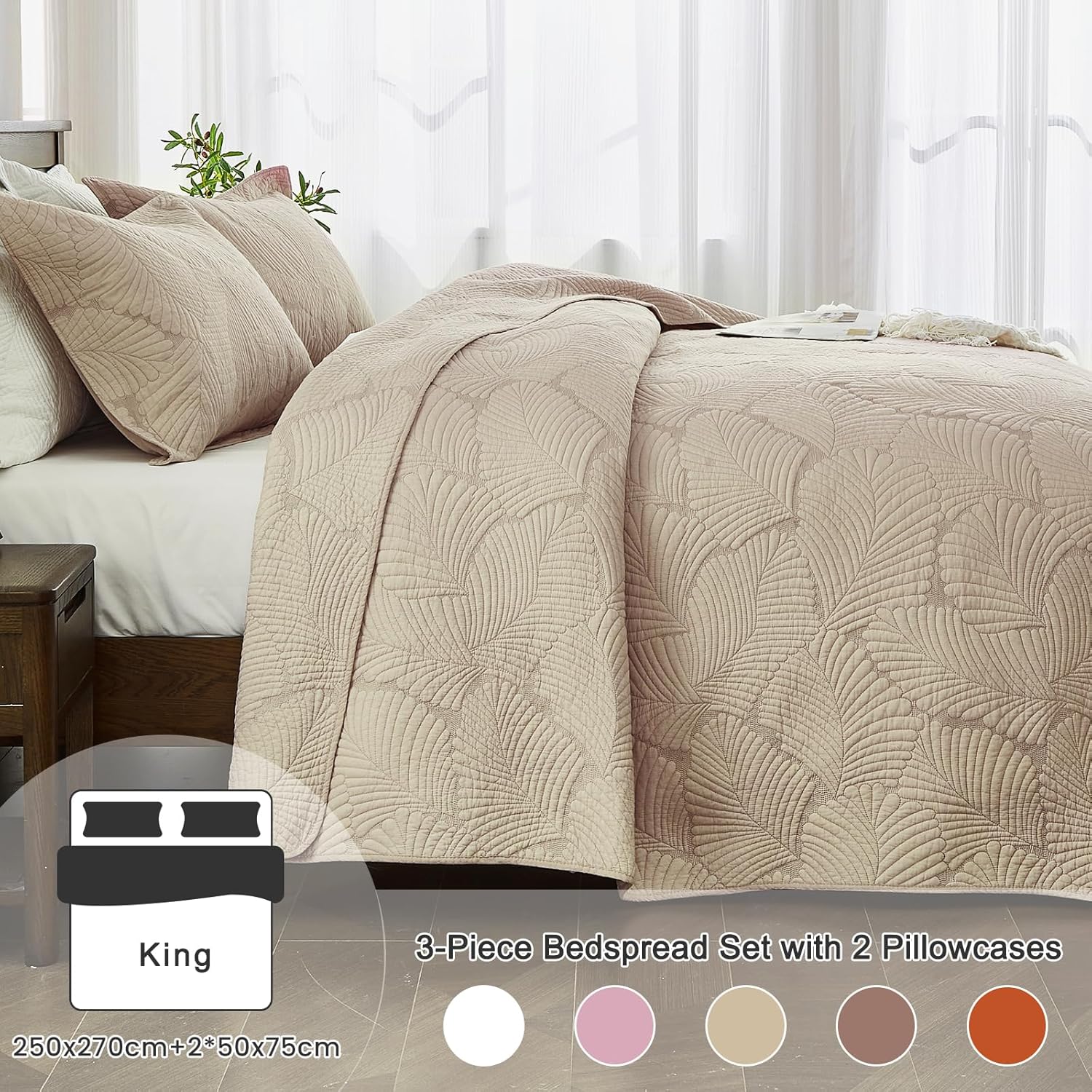 Thumbnail 4 de Qucover Couvre Lit Coton 2 Personnes 220x240 – Beige, Motif Floral, 3 Pièces