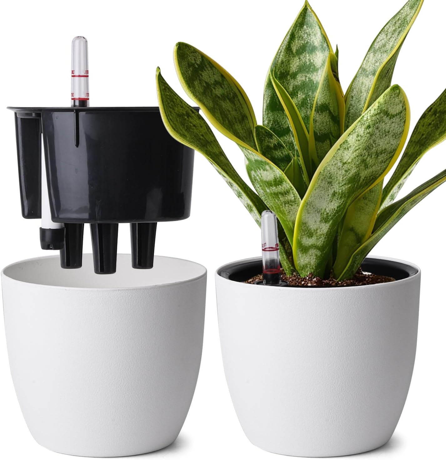 Detalle 2 de T4U zelfbewaterende plantenpotten 15 cm, set van 2, grijs met waterindicator