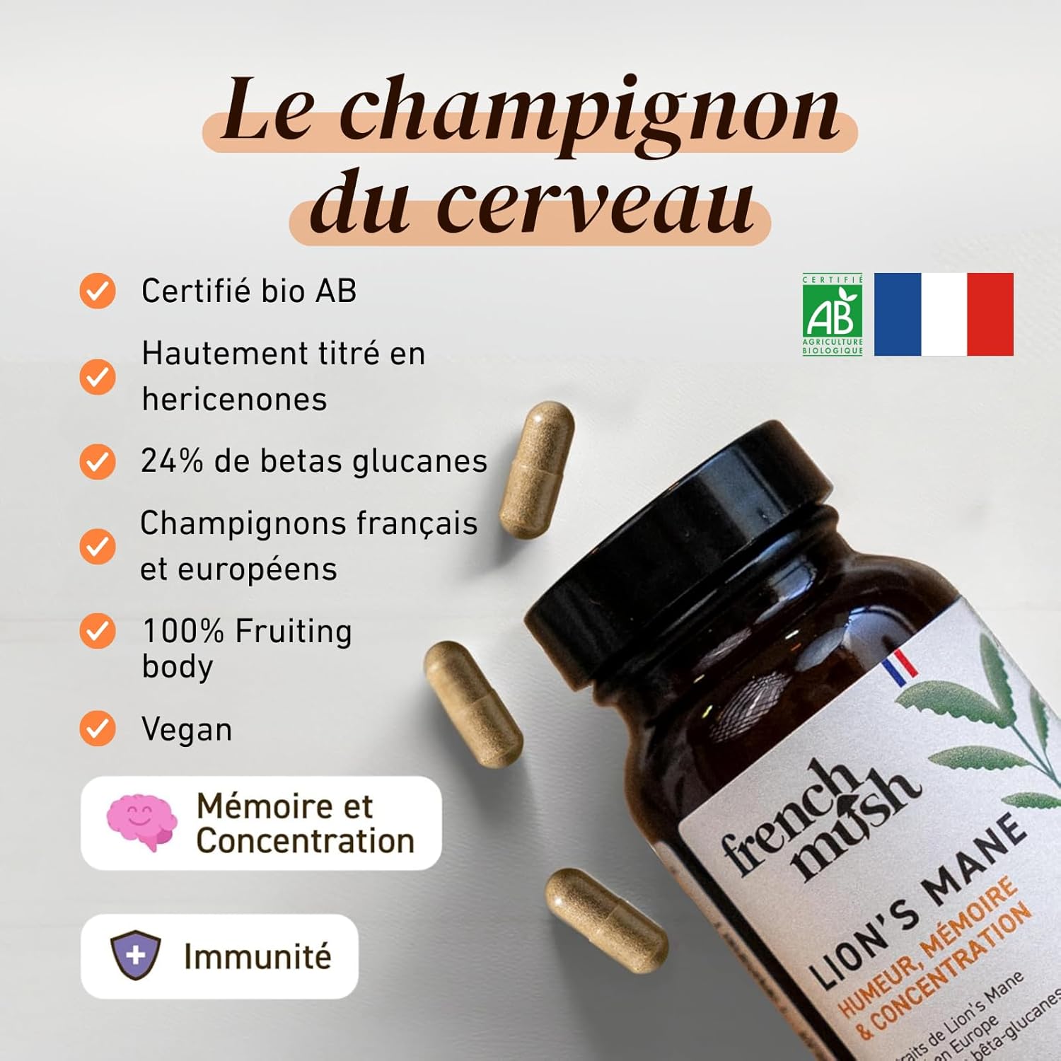 Thumbnail 5 de French Mush Lion’s Mane Bio 8000 mg – 56 gélules vegan (Hericium erinaceus) pour le cerveau et l’humeur