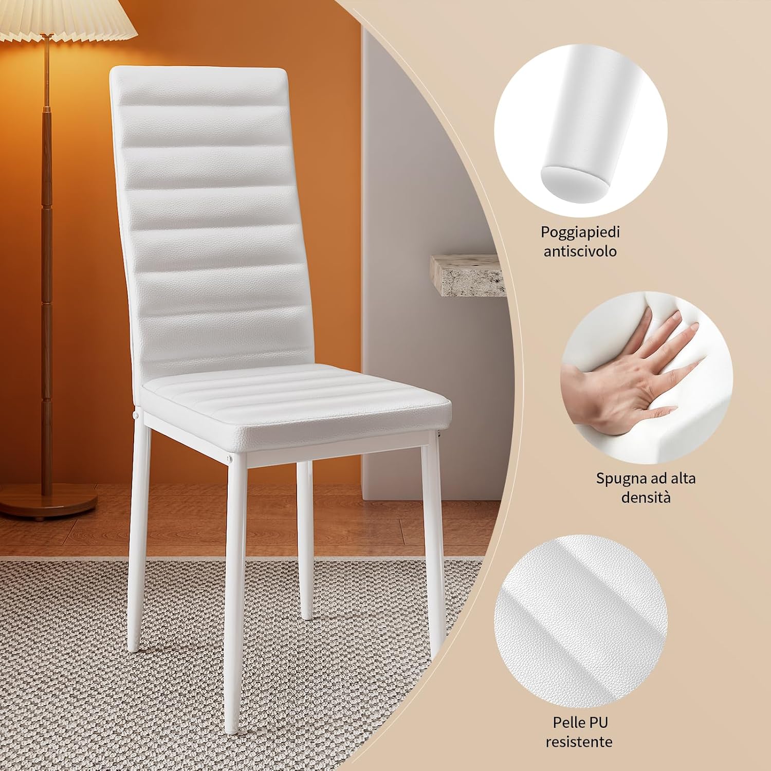 Detalle 2 de Bealife eetkamerstoelen van kunstleer, set van 6, wit met hoge rugleuning