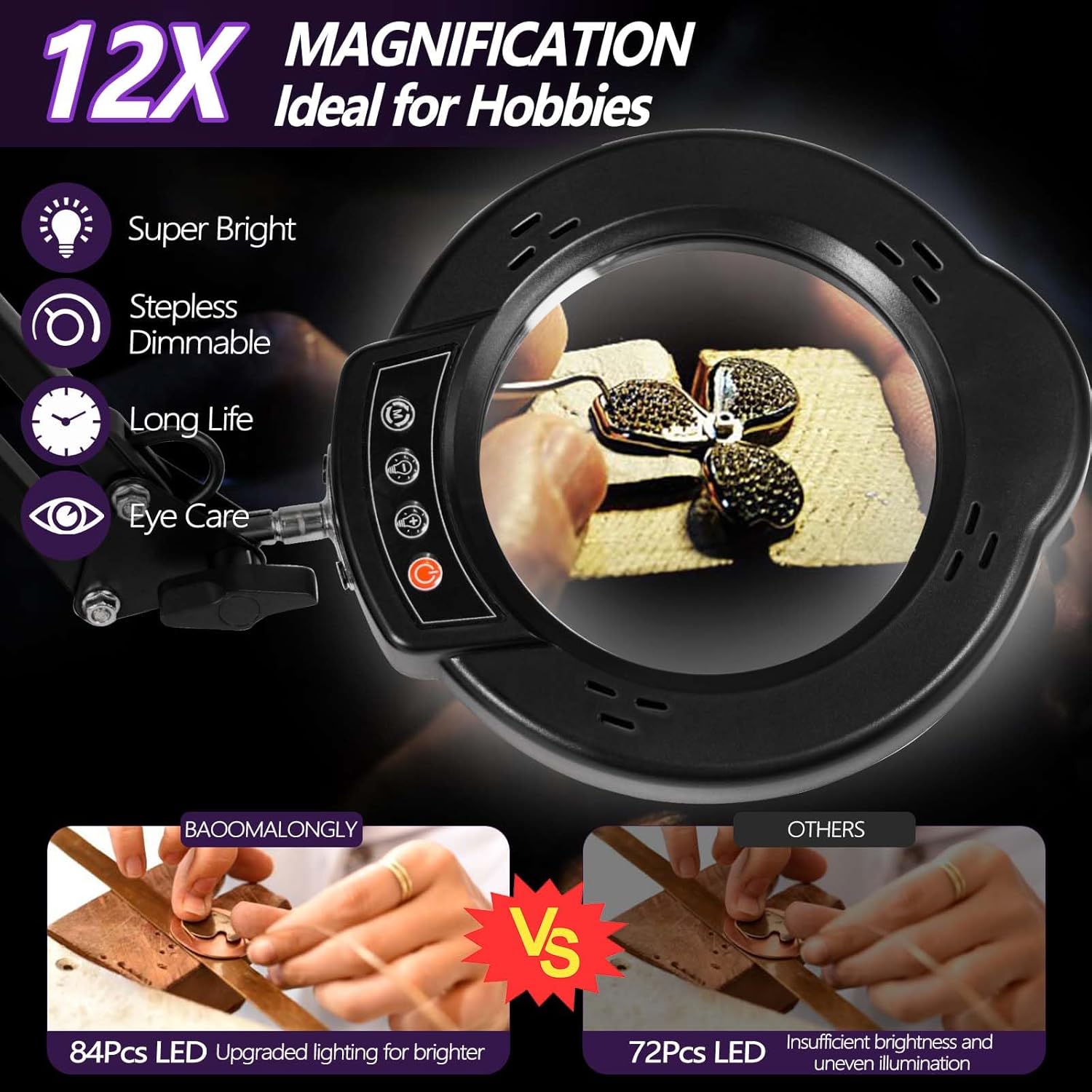 Thumbnail 1 de 12x Magnifying Glass with Light & Stand/Clamp (84 LED) – 4.3-inch real glass lens, adjustable arm