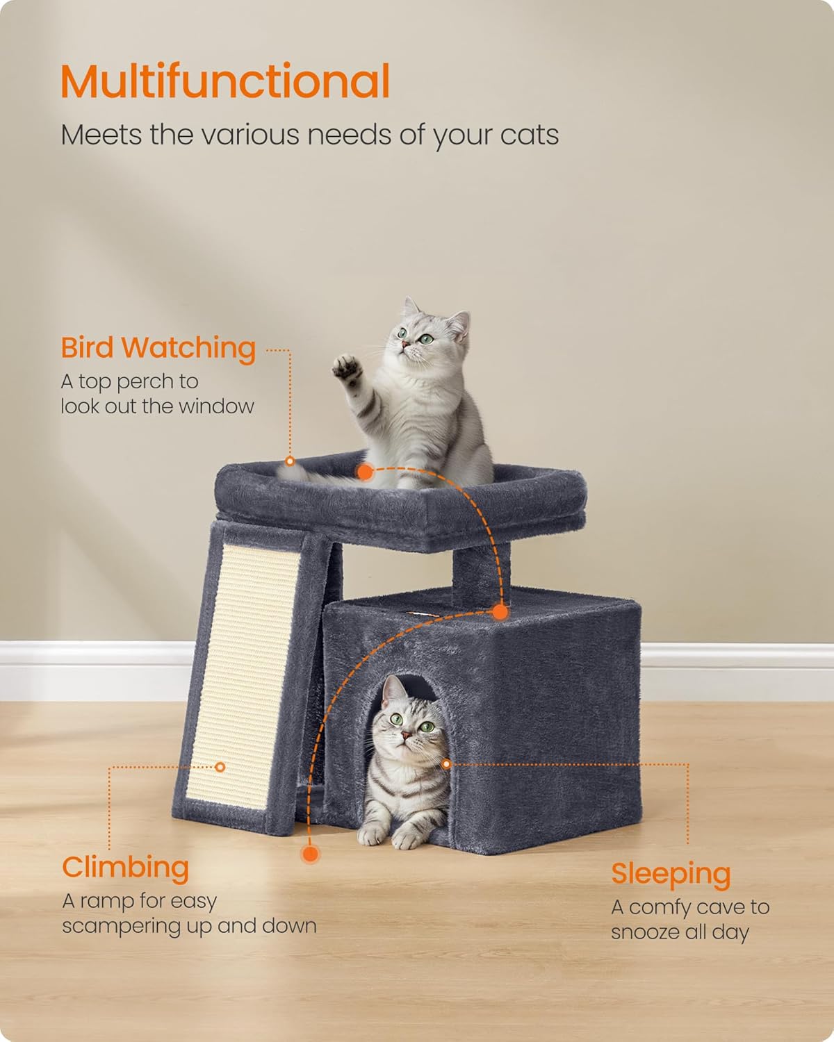 Detalle de Feandrea Small Cat Tree (PCT010GS01) – compact cat tower with scratching ramp, cave & top perch