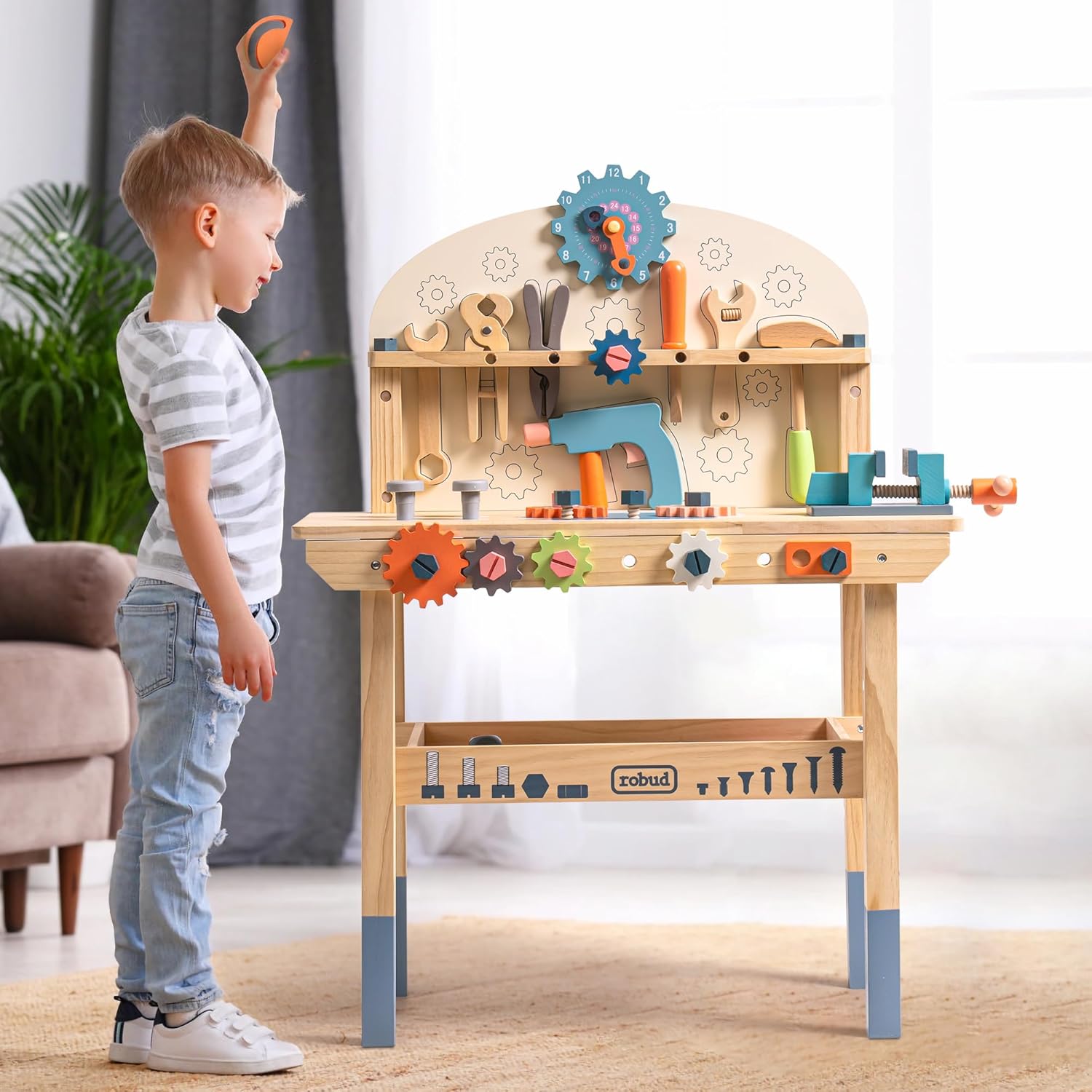 Detalle 2 de ROBUD Holz Werkbank für Kinder – robuste Spielzeug-Werkbank aus Holz, ab 3 Jahren