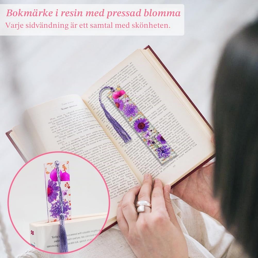 Thumbnail 5 de AUAUY 5571902 bokmärken i konstharts med blomtryck och tofsar, 3-pack