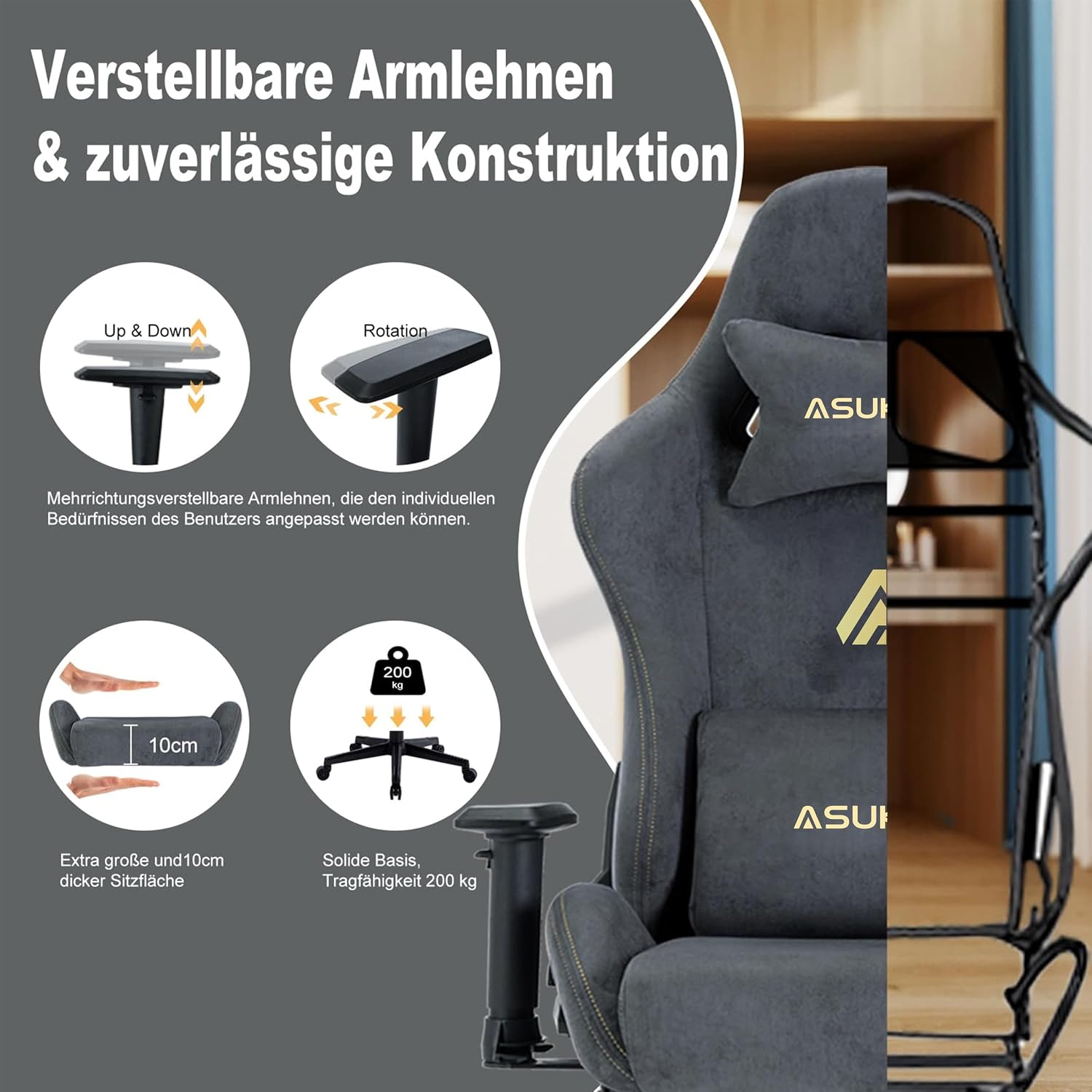 Detalle 2 de Asukale Gaming Stuhl mit atmungsaktivem Stoff, verstellbarer Rückenlehne (90–150°) und Fußstütze – grau