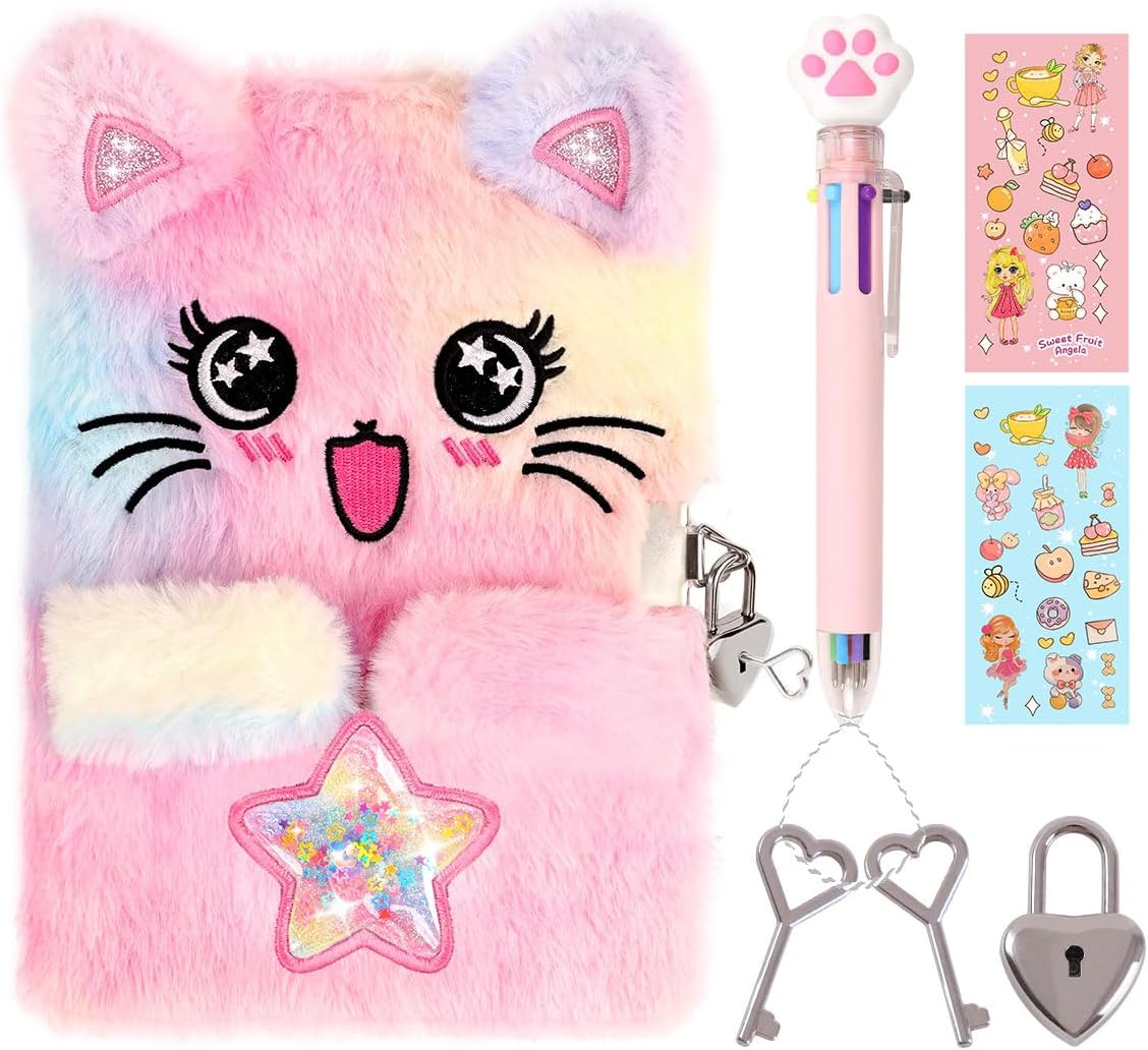 PrinBarBee Cat Diary for Girls with Lock and Keys (Tie-Dye Fuzzy Hardcover Notebook, 160 Double-Sided Pages) — A Star-Cat
