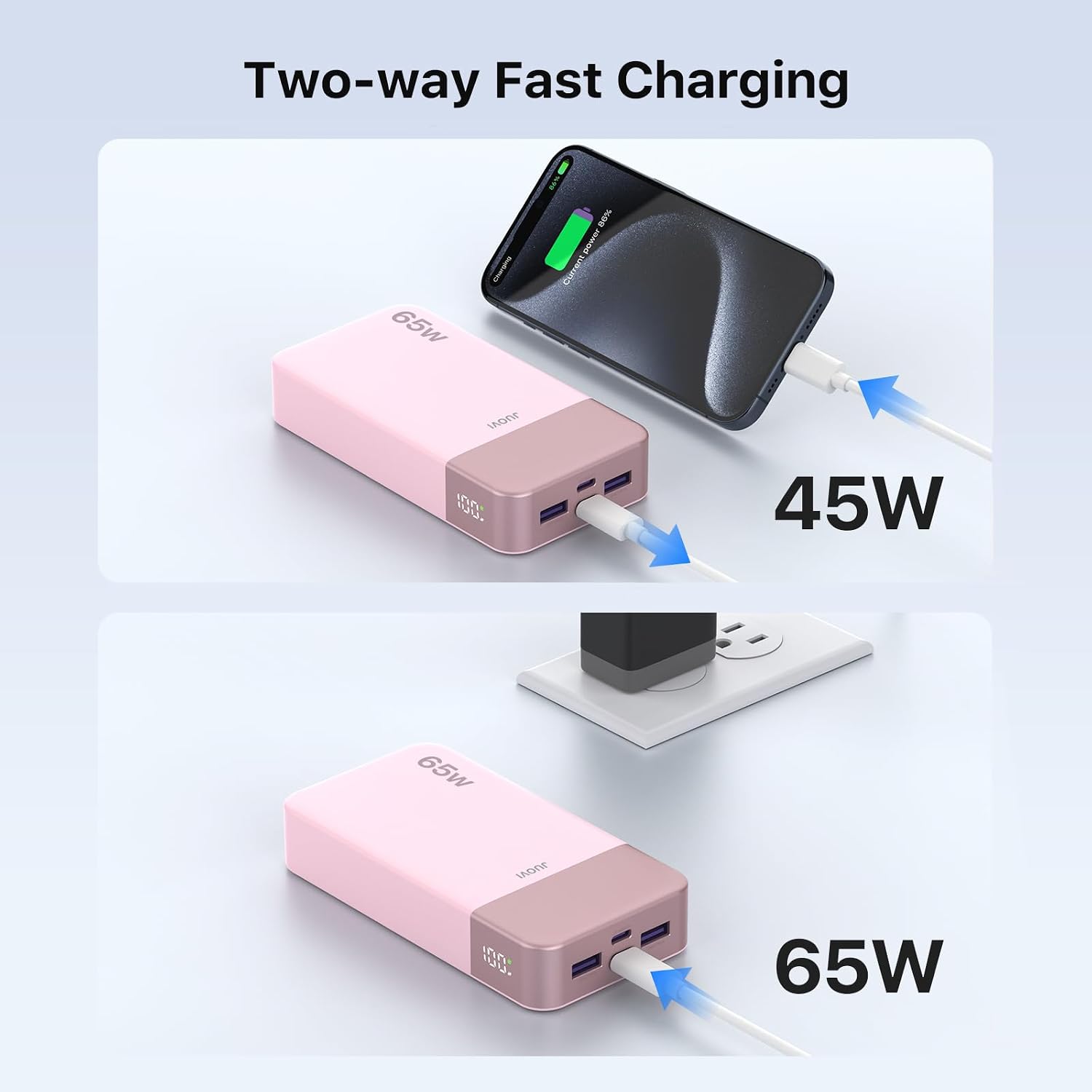 Detalle 2 de JUOVI Power Bank 65W da 20.000 mAh con ricarica rapida per laptop e dispositivi USB-C (rosa)