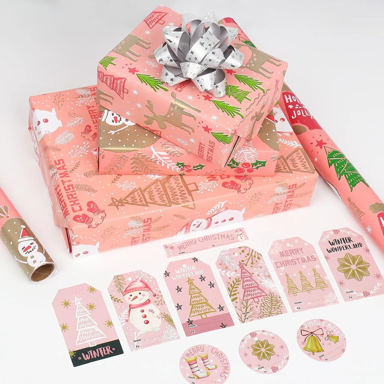 Thumbnail 2 de HBell Christmas Wrapping Paper Roll – 4 Rolls in Pink, 43cm x 3m Each