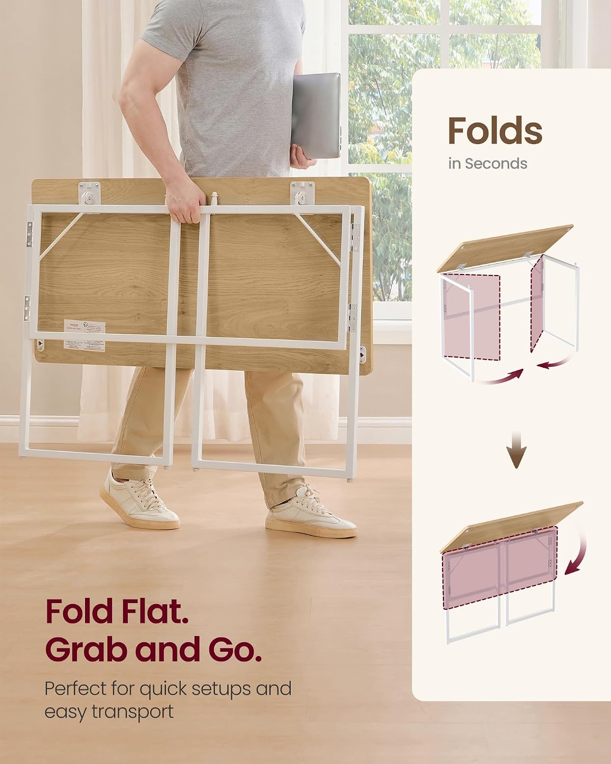 Thumbnail 4 de VASAGLE Folding Desk: Compact 100 x 50 cm, One-Piece Desktop with Rounded Edges