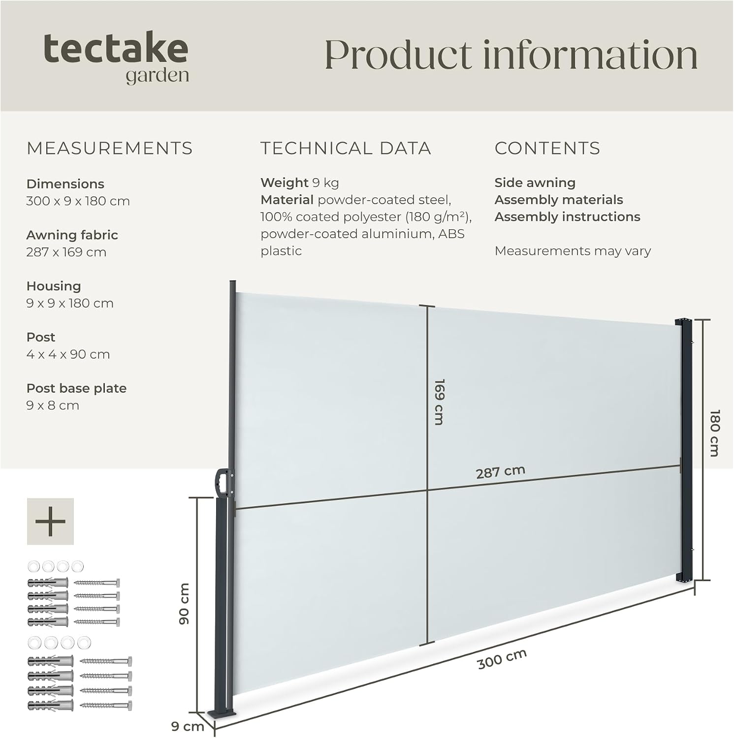Detalle de tectake® 406589-1 sidomarkis 180 x 300 cm med UV-skydd