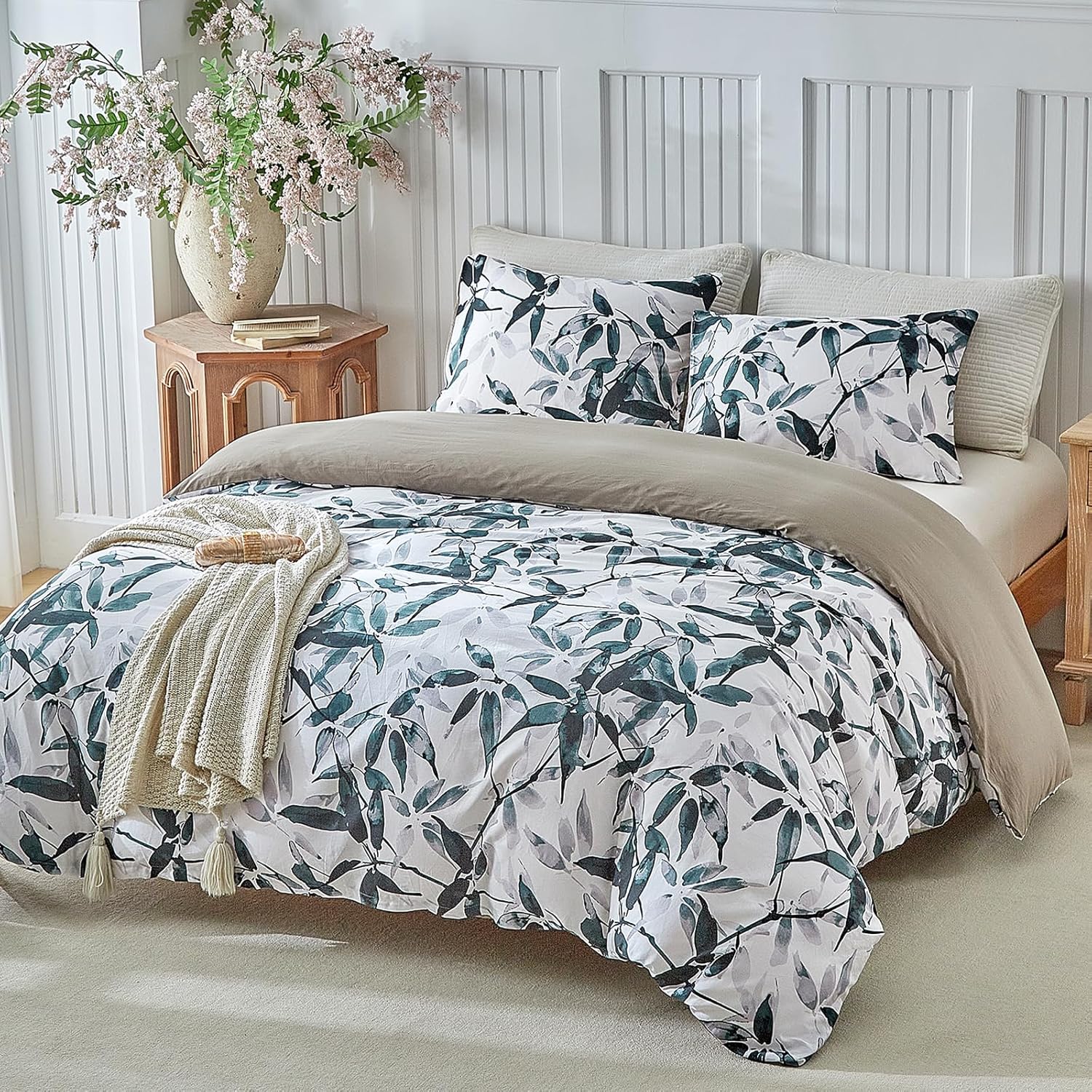 Thumbnail 1 de Lekesky 100% Cotton Duvet Cover Set Double – Bamboo Leaves Print, 200 Thread Count (1 Quilt Cover + 2 Pillowcases)