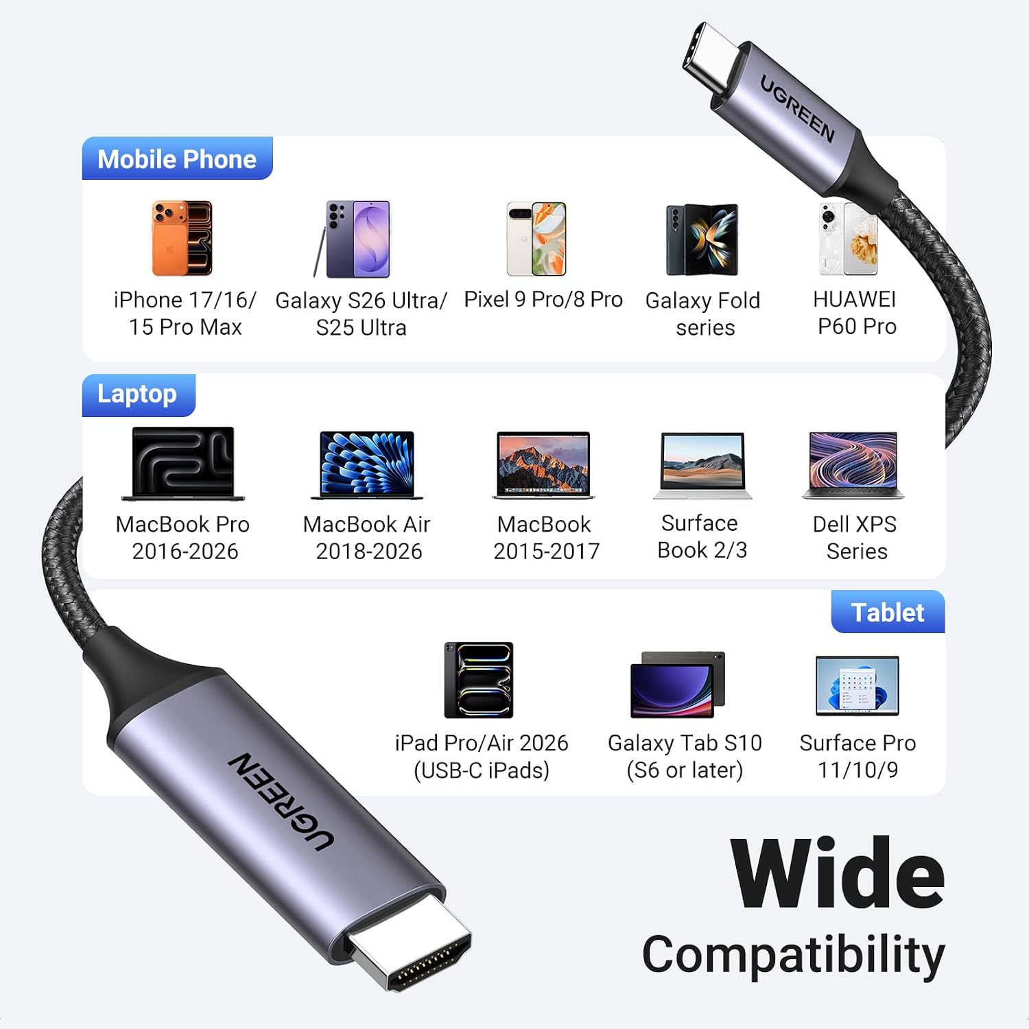 Thumbnail 6 de UGREEN USB C to HDMI Cable (4K@60Hz) 6.6FT — Type C to HDMI Adapter for Thunderbolt 4/3 and DP Alt Mode