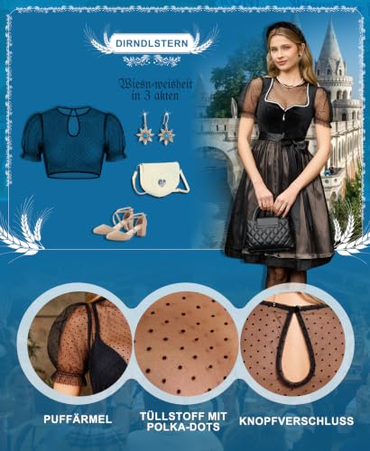 Detalle de DIRNDLSTERN Dirndlbluse Damen Schwarz – Transparente Punkten, Puffärmel, Kurzarm