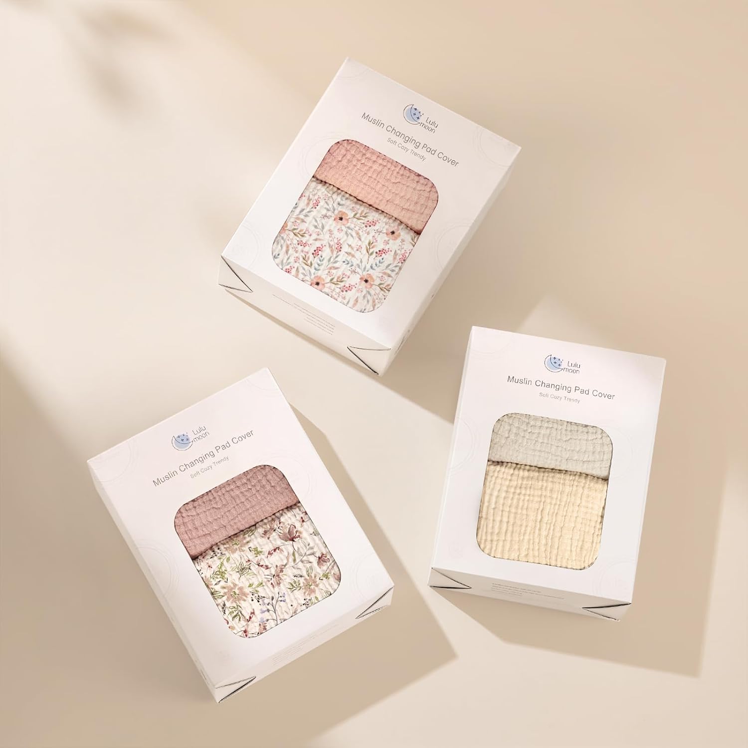 Detalle 1 de lulumoon Muslin Changing Pad Cover 2-Pack, 100% Cotton, White & Cream