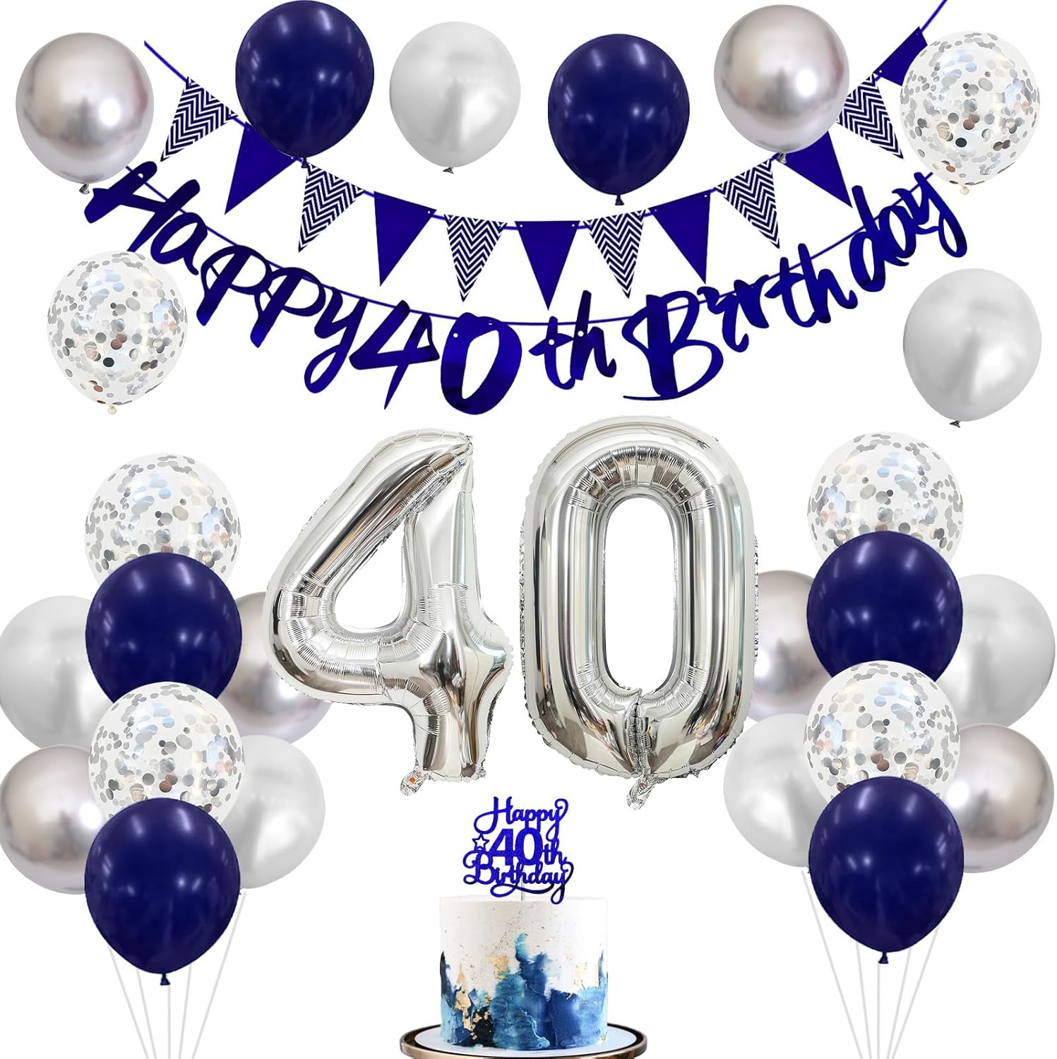 Detalle de Blue & Silver 40th Birthday Decorations Set — Balloons, Banner, and Cake Topper for Men and Women