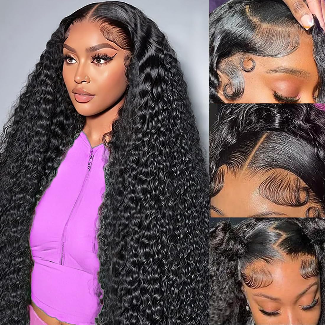 Detalle de TONHONK 24 Inch Deep Wave Lace Front Wig (13x6 HD Lace, 200% Density) – Glueless Curly Human Hair Look