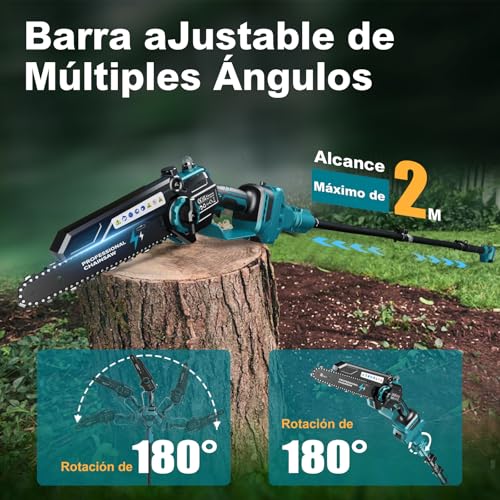 Detalle de RINOXAR 2 en 1: Motosierra de Pértiga 8" con 2 Baterías de 4000 mAh