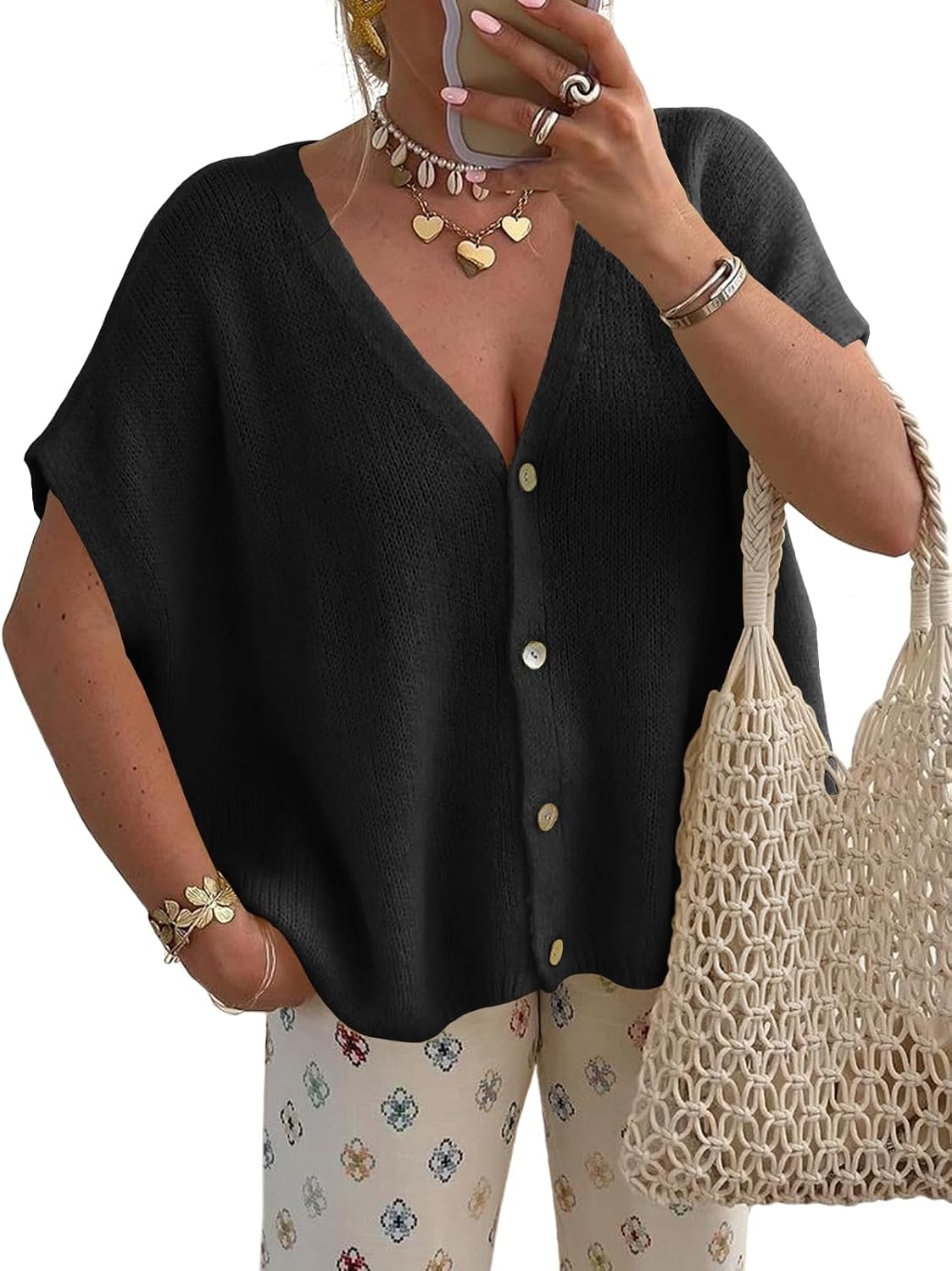 Detalle de Saodimallsu Women's Summer Oversized Cardigan with Batwing Short Sleeves and V-Neck