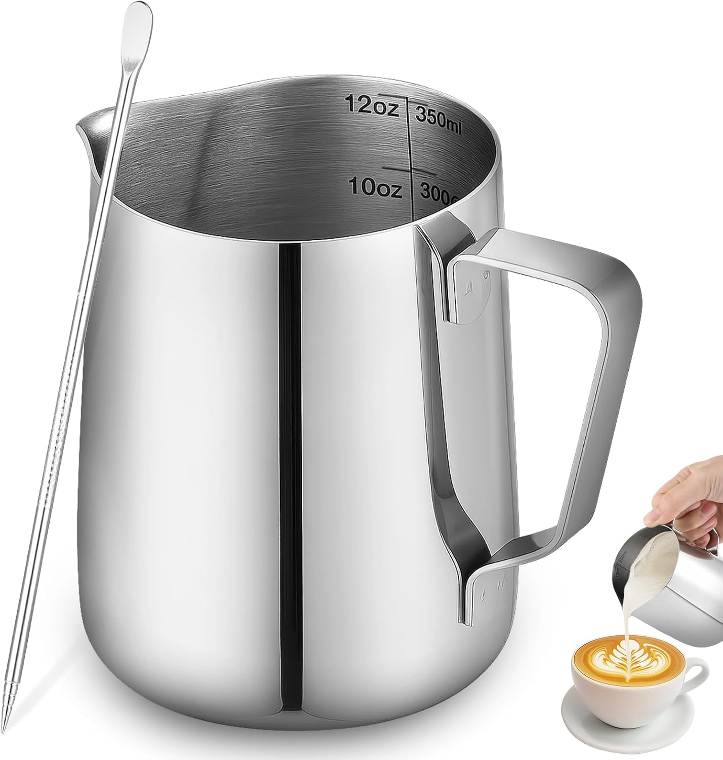 Detalle de ISHEWUDU KFLHB-DS-350 melkkan van roestvrij staal, 350 ml met latte-artpen