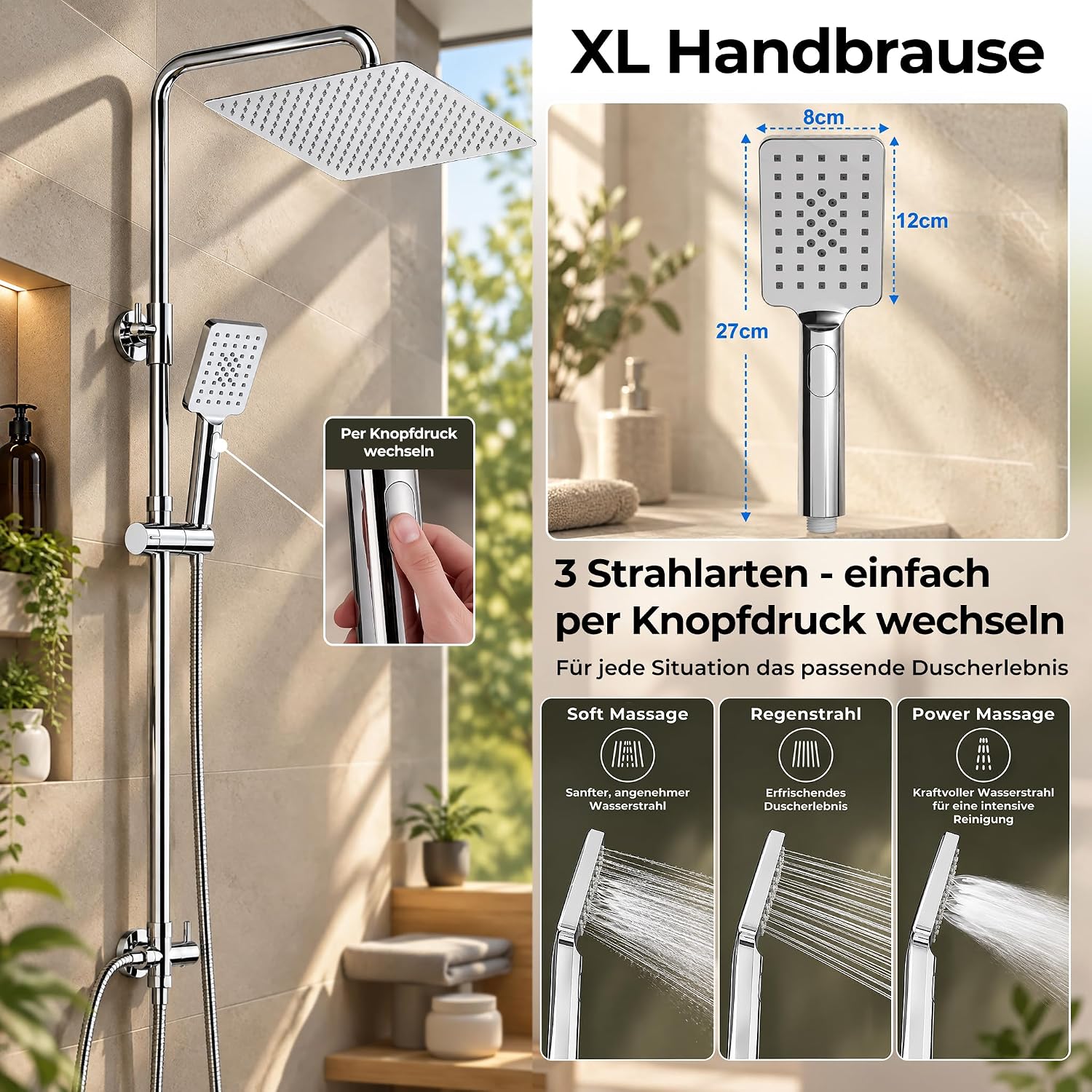 Detalle de JOHO Carré 2020 – system prysznicowy z deszczownicą 20 × 20 cm, chrom