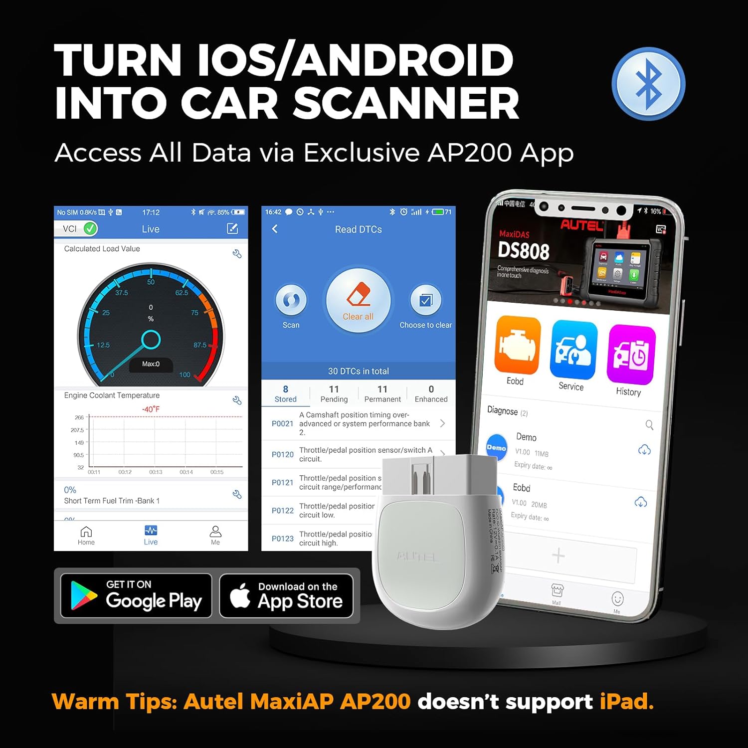 Detalle de Autel MaxiAP AP200 Bluetooth OBD2 Scanner (AutoVIN, 19 maintenance functions) for iPhone & Android