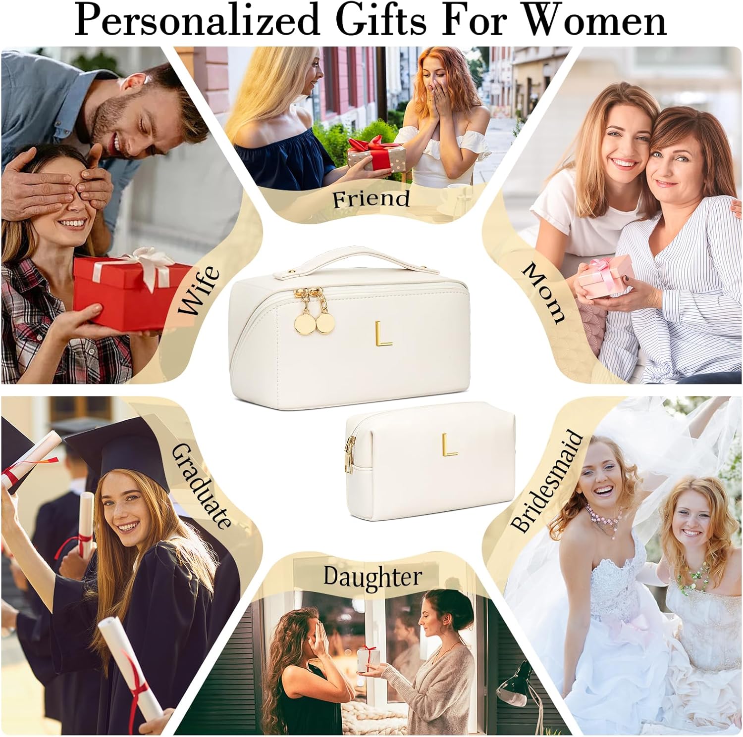 Detalle de CLOUDWINGS Personalized Initial Makeup Organizer Bag Set for Women & Teen Girls (Open-Flat Travel Cosmetic Bags)