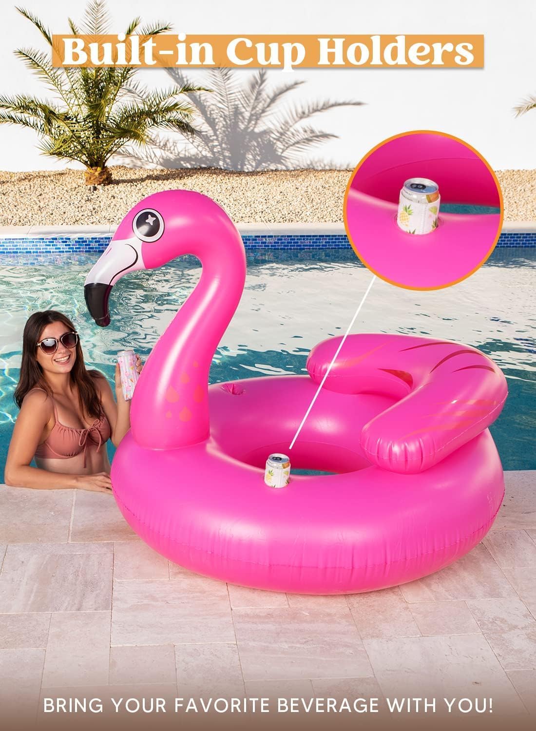 Thumbnail 1 de JOYIN 112cm Inflatable Flamingo Tube pool float with cup holders and head rest