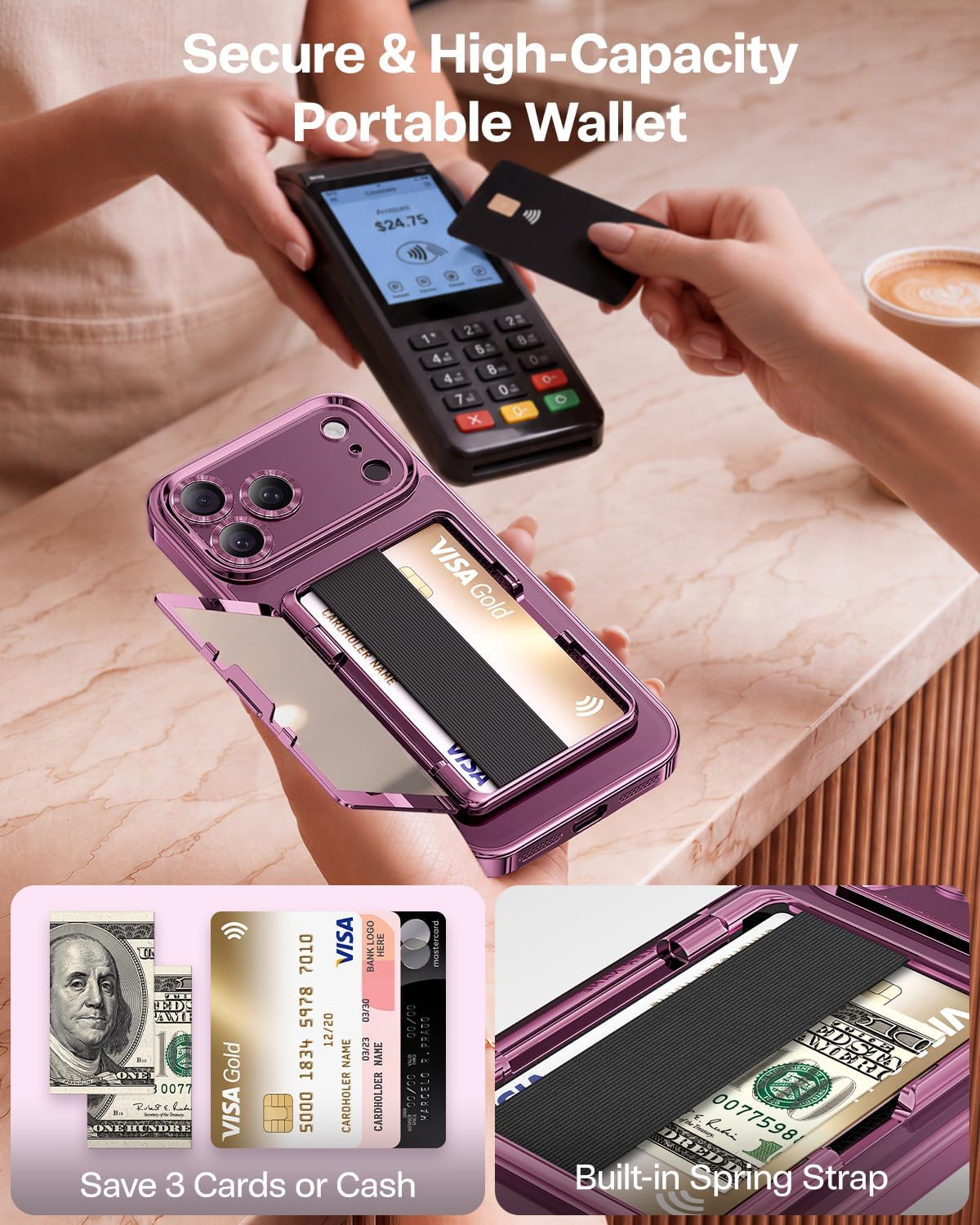 Detalle de Meifigno iPhone 18 Pro Max Wallet Case, Burgundy, Mirror and Kickstand