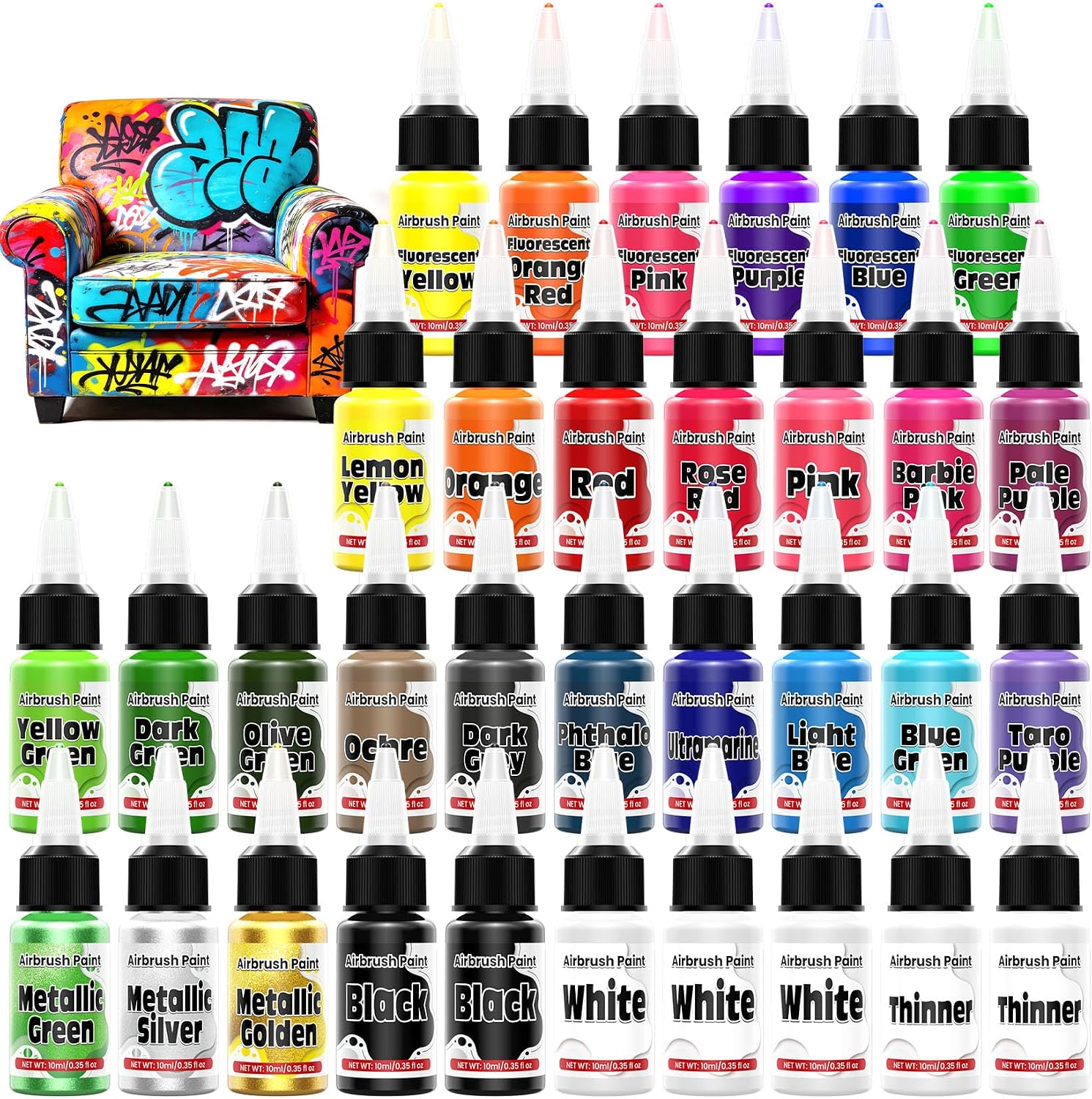 Detalle de ERCorArt 33-Color Acrylic Airbrush Paint Set with Primers and Thinners