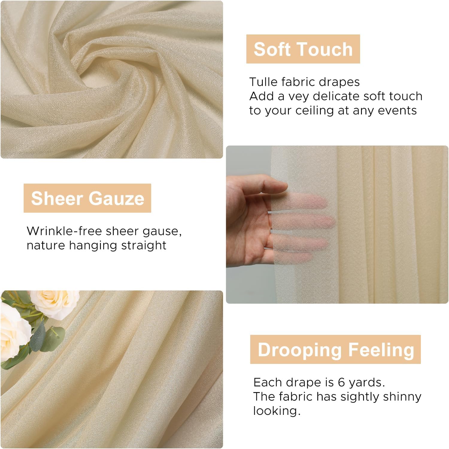Detalle 2 de Wokceer Champagne Wedding Arch Drapes, 4 Sheer Polyester Panels, 28.7" x 20 ft