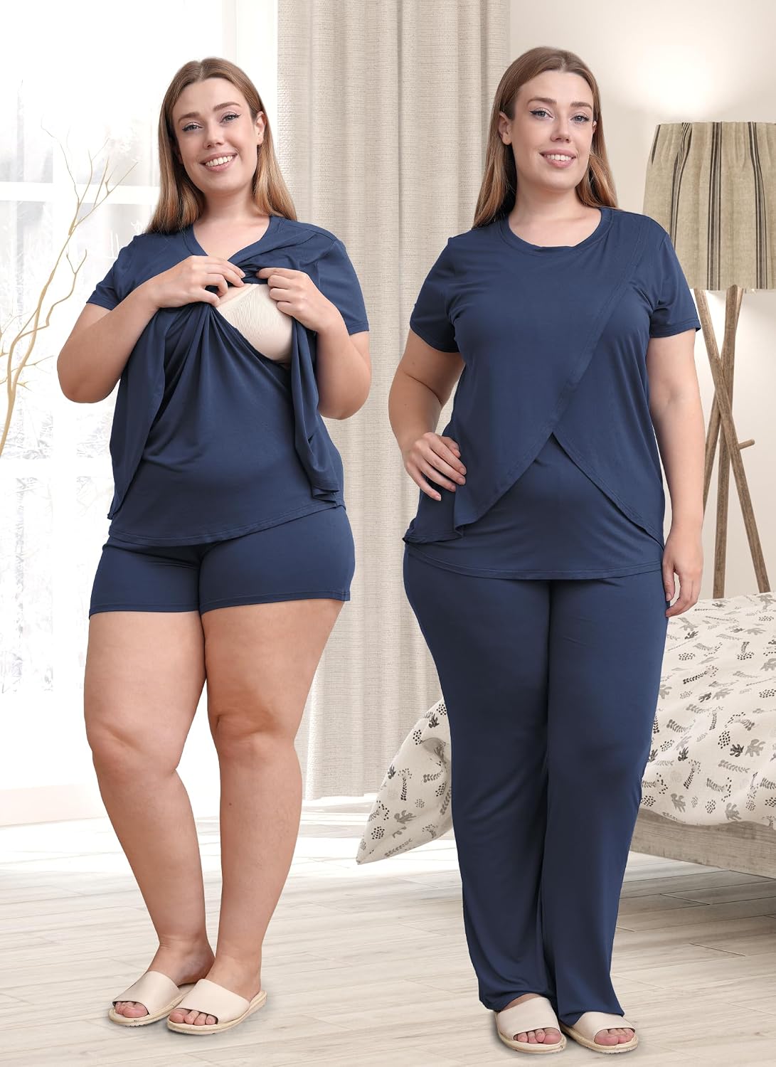 Detalle 2 de Rnxrbb 3-Piece Postpartum Nursing Pajamas Set (Short-Sleeve Top, Shorts, Long Pants) for Breastfeeding
