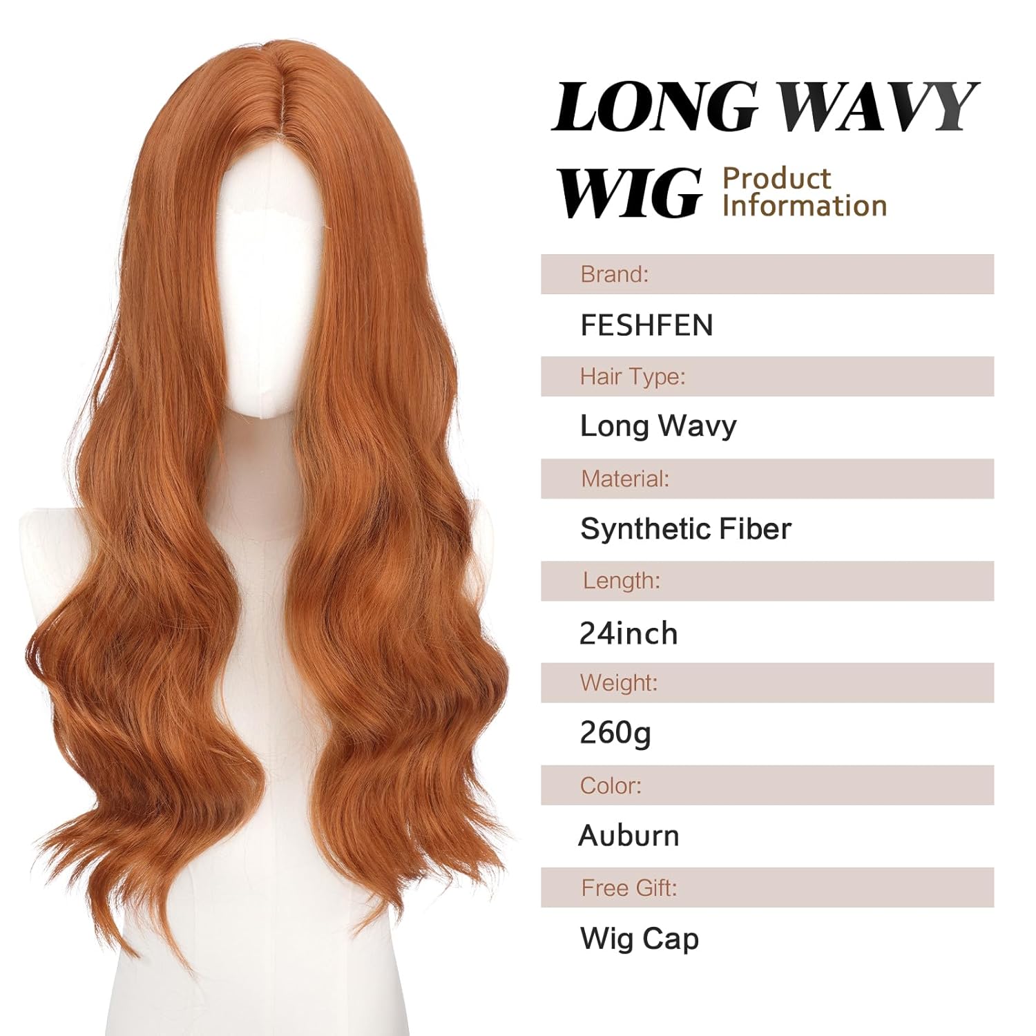 Thumbnail 4 de FESHFEN Lace Front Lange Gewellt Auburnrot Perücke – 60 cm, Synthetik, Natürlich fallend