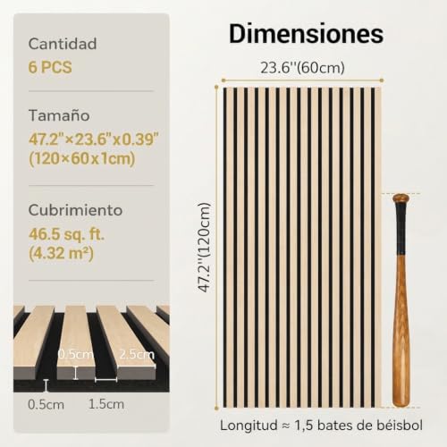 Detalle de TONOR Paneles Acústicos Decorativos Madera 120x60 cm, 6 Uds. – Roble