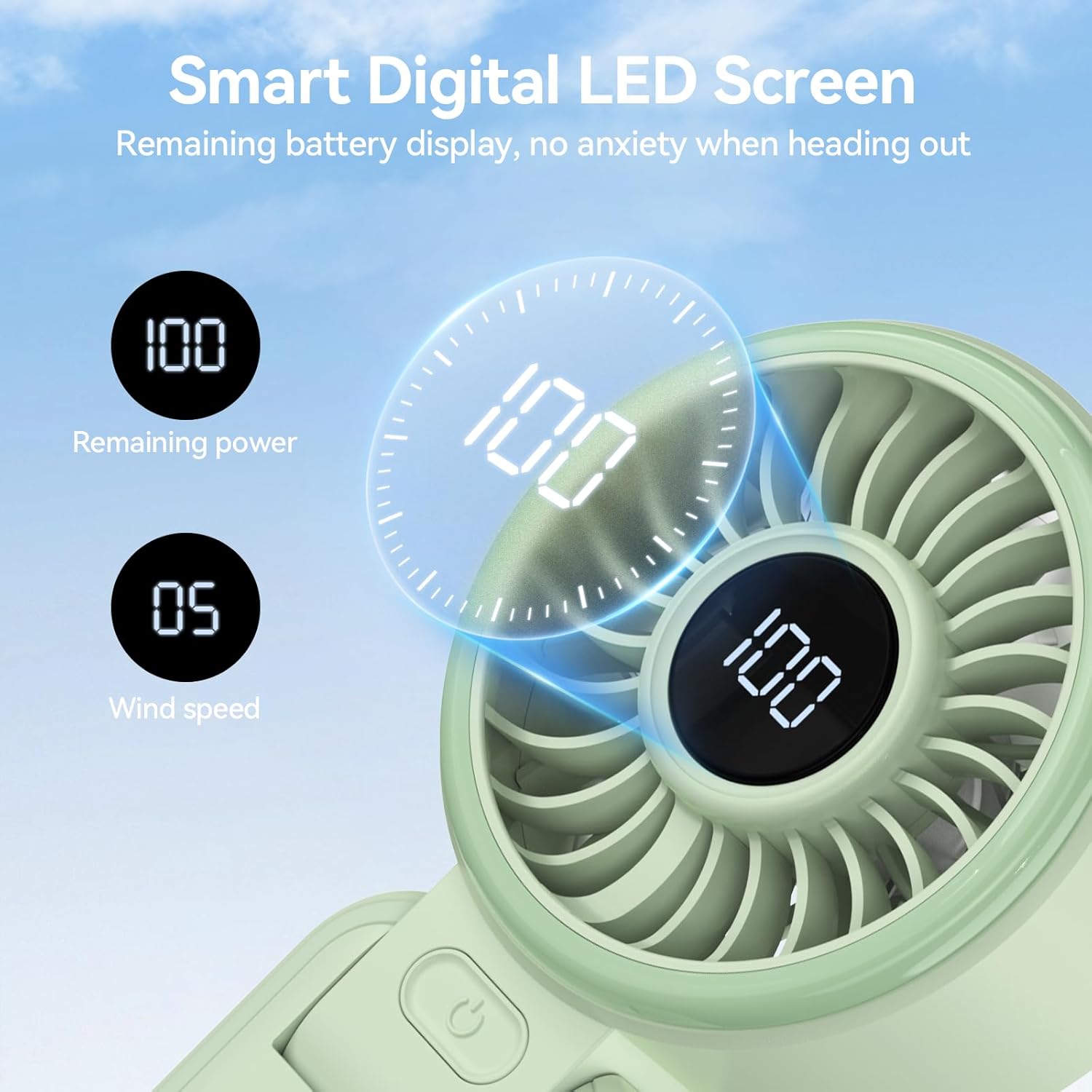 Detalle de TECKNET Handheld Fan with 5000mAh Battery – Portable USB Rechargeable, 150° Foldable, LED Display