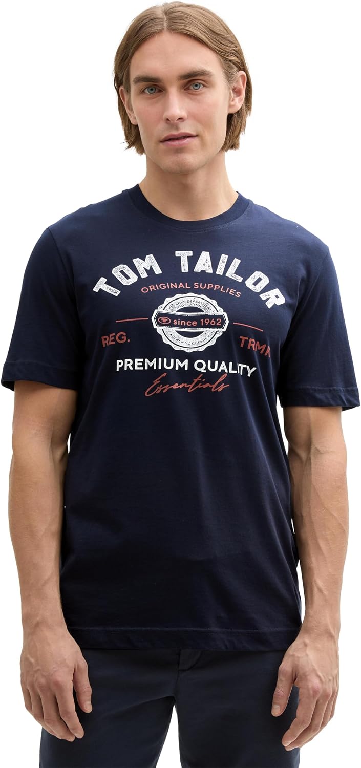 Detalle de TOM TAILOR Herren-T-Shirt aus Baumwolle mit Logo-Print (regular fit)